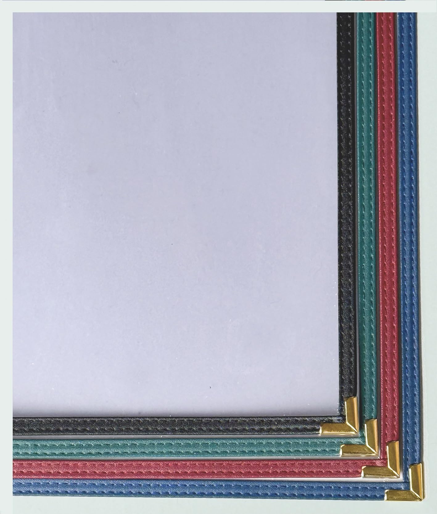 10 Pcs Menu Cover 8.5x14 Inch, Legal Size, 2 Pages / 4 Views Menu Sleeves, Clear Waterproof PVC Menu Holder (Blue Edge, Gold Metal Corners)