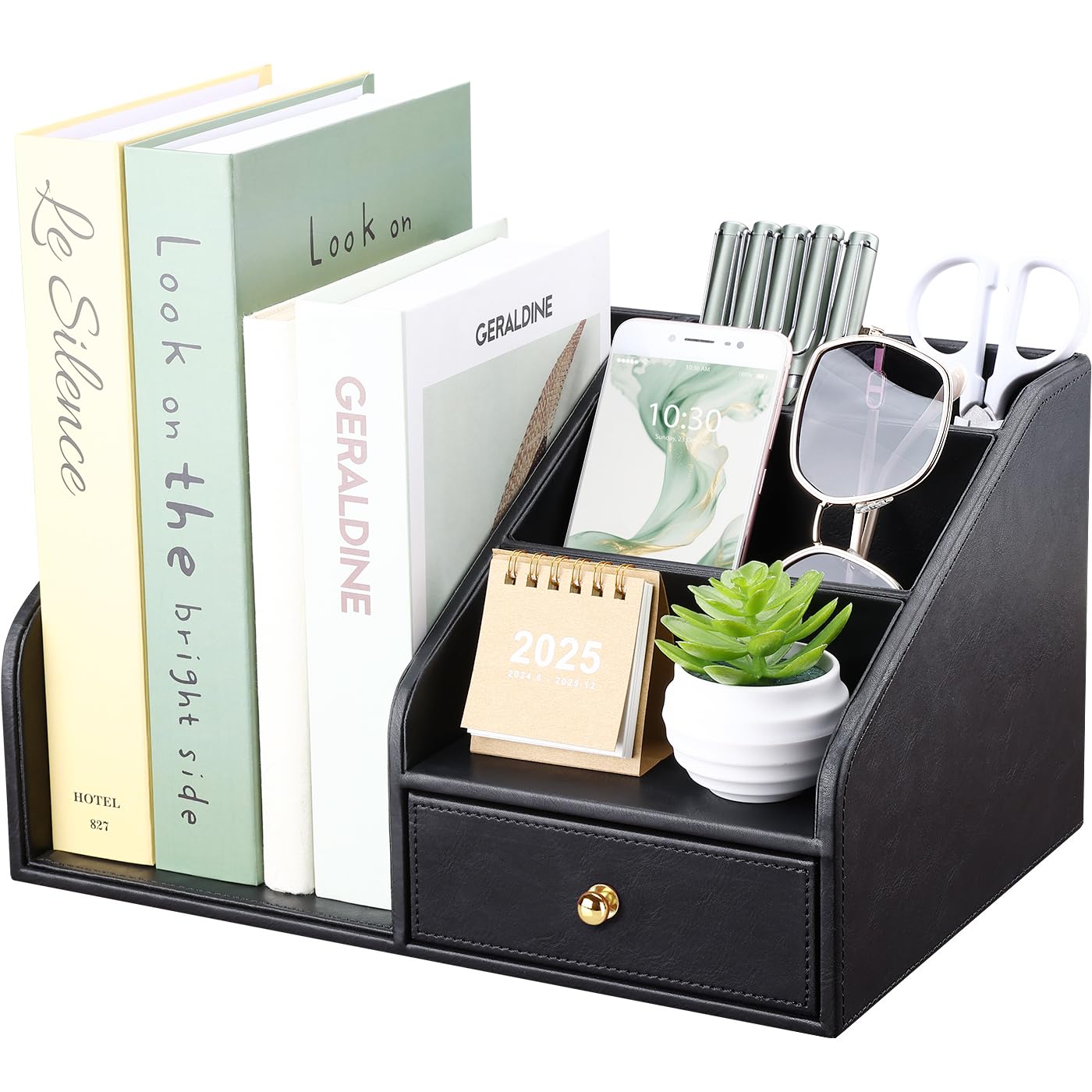 GORESE PU Leather Desk Organizer, File Organizer with Drawer and 4 Compartments, Desktop Organization with Magazine file Holder for Office Supplies, Elegant Gift for Men Who Have Everything, Black
