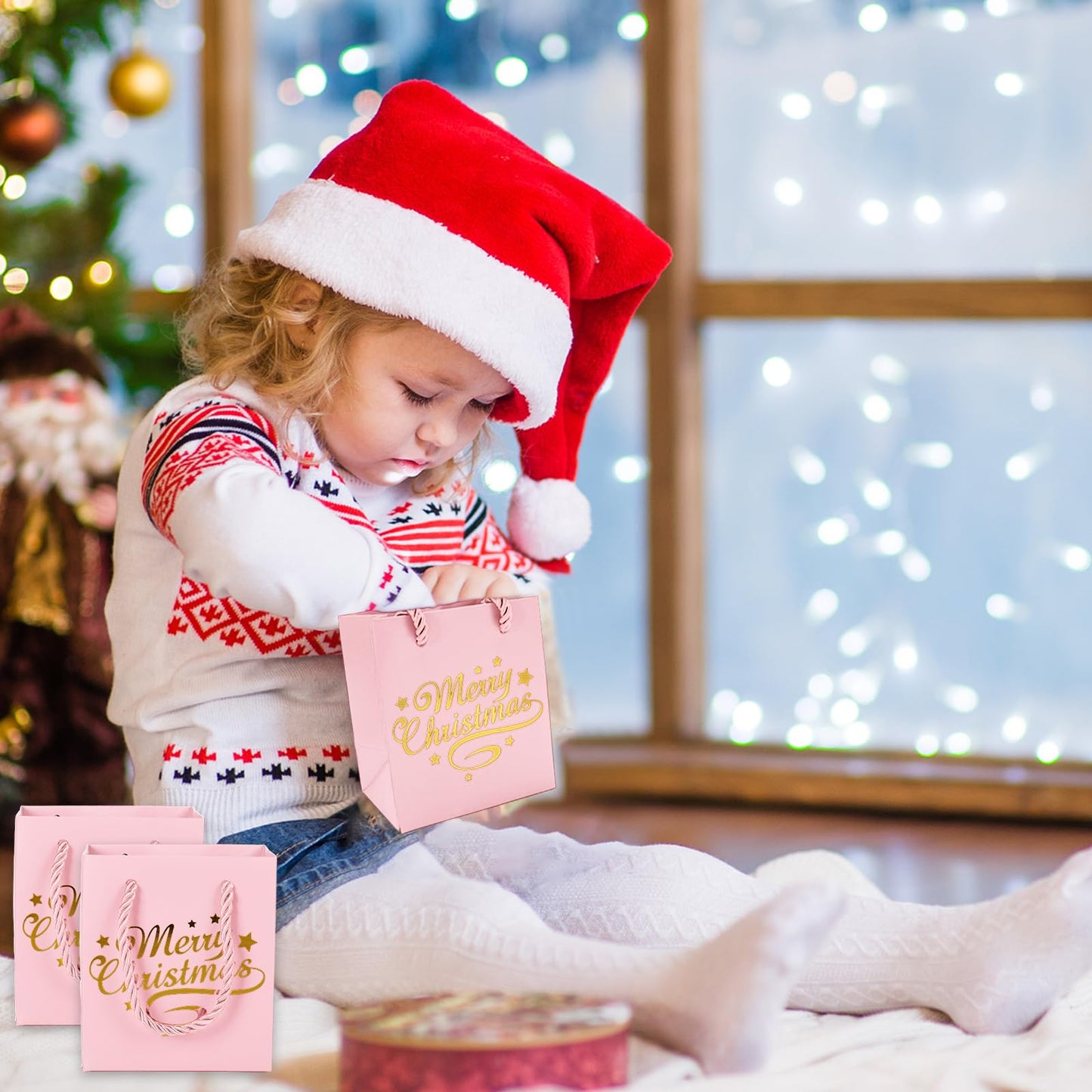 JarThenaAMCS 30Pcs Christmas Mini Gift Bags with Handle Gold Foil Pink Merry Christmas Party Favor Bags Xmas Paper Treat Bag for Holiday Wedding Baby Shower Birthday Party Supplies