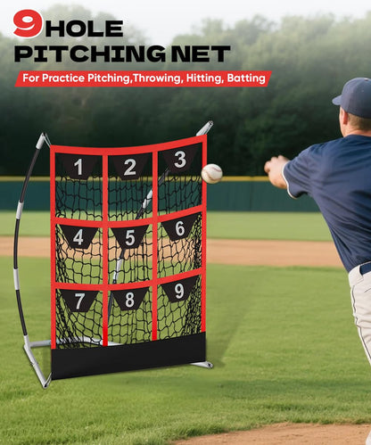 Queension 9 Hole Pitching Target Net with Strike Zone, Baseball Batting Net with Target Pockets, Pitching Net with Ground Stakes and Sandbags for Baseball Training, White