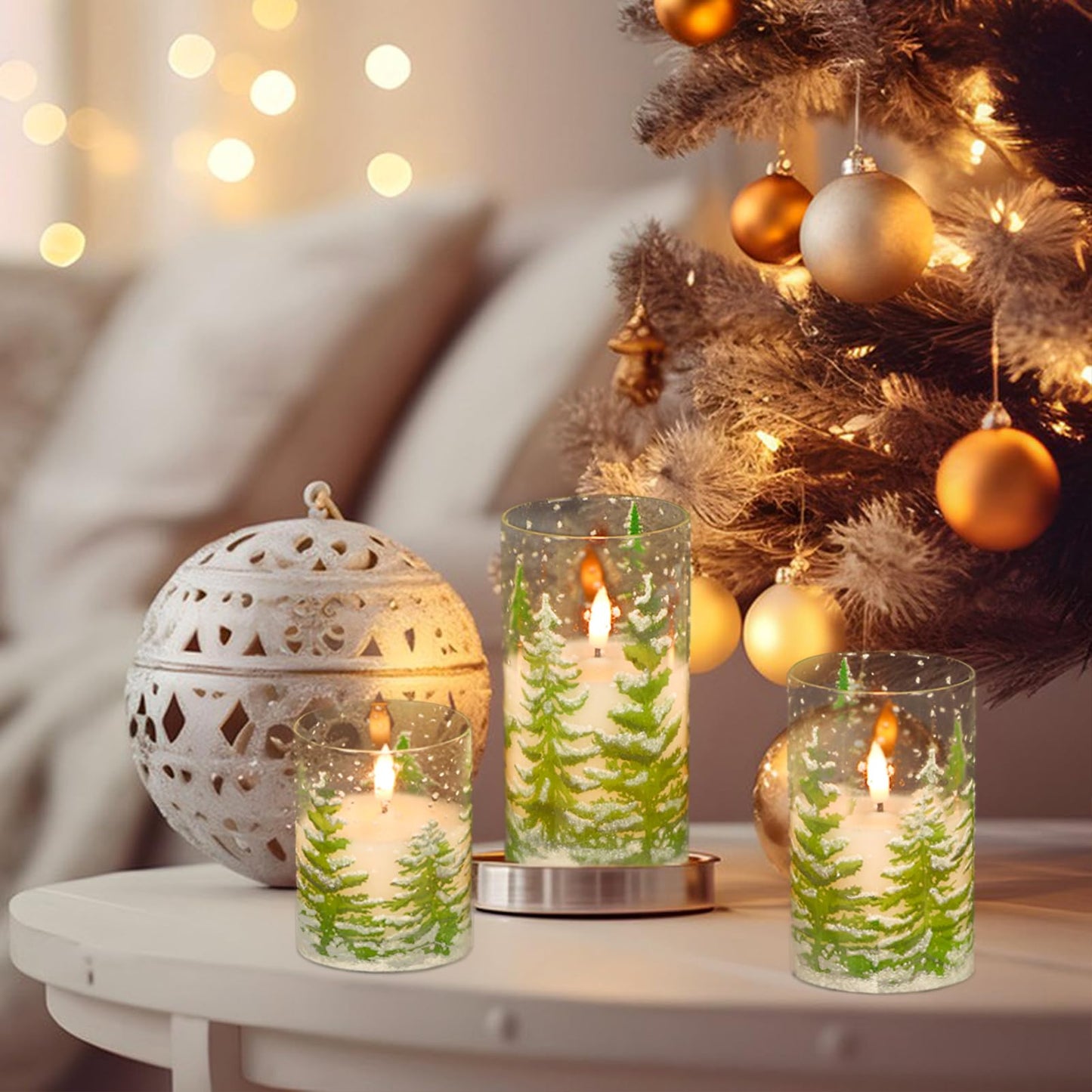 Eldnacele Christmas Tree Glass Flameless Candles Remote and Timer, Battery Operated Flickering LED Pillar Candles Warm White Light 3 Pack Dinner Xmas Festival Gift Holiday Decor(Green,3×4/5/6 Inch)