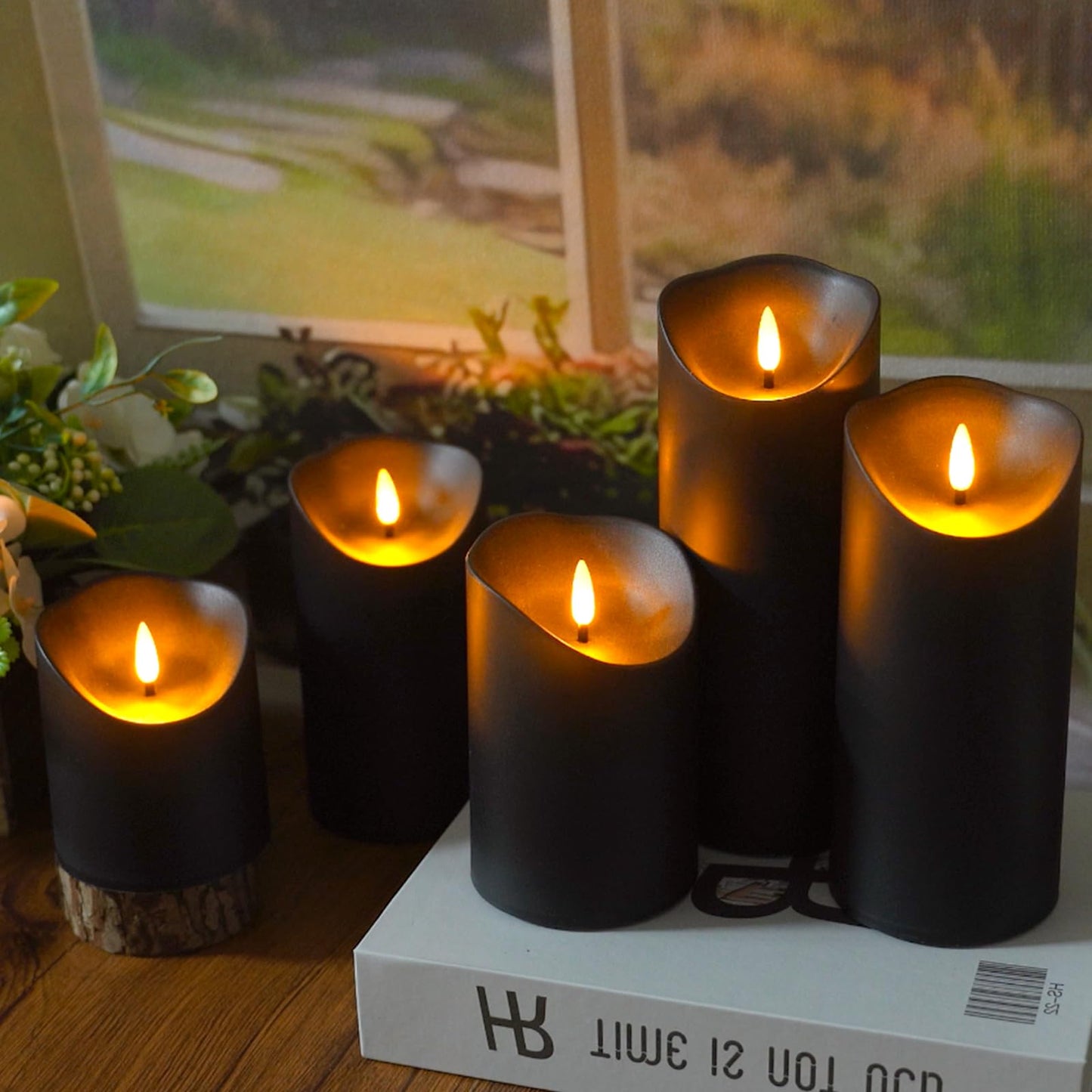 Eebuss Flameless Candles with Remote Timer, Battery Operated Realistic Flickering LED Candles, 9 Packs Fake Candles for Home Decor (D3 x H 3" 4" 5" 6" 7") (Black)
