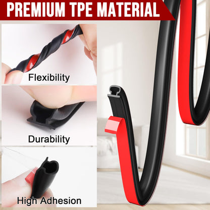 alophoty Weather Stripping Door Seal - 10 Ft Self-Adhesive TPE Rubber Door Seal Strip for Door Frame/Window Seal, Soundproofing & Insulation Strip to Block Drafts, Wind, Noise, Dust (Black)