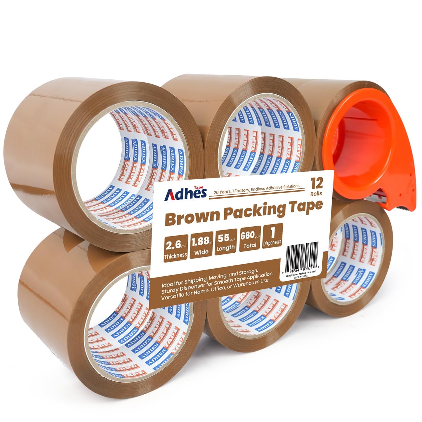 ADHES Brown Packing Tape with Dispenser, 2.6Mil, 1.88 Inch x 55 Yards, 6 Rolls Heavy Duty Shipping Tape for Moving Boxes, Packaging and Storage, Strong Adhesive