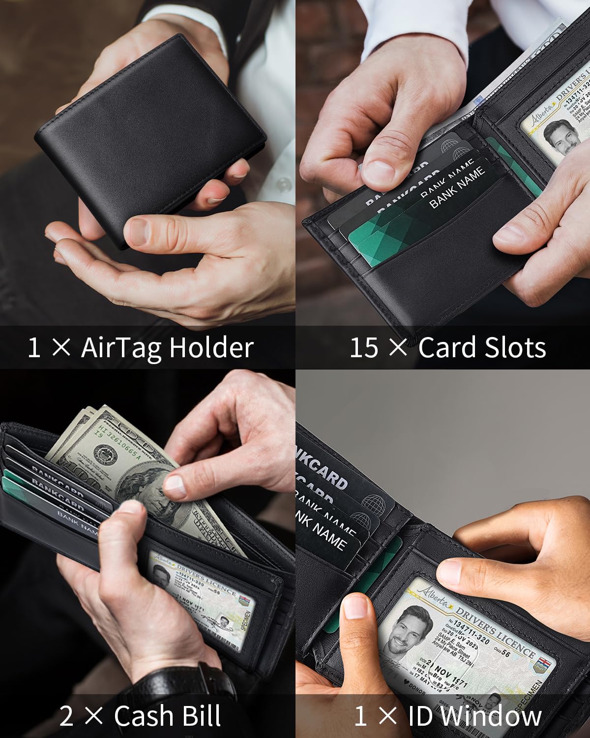 Mens Genuine Leather Bifold RFID Blocking Wallet with 14 Card Slots, ID Window & 2 Cash Pocket - Includes Gift Box