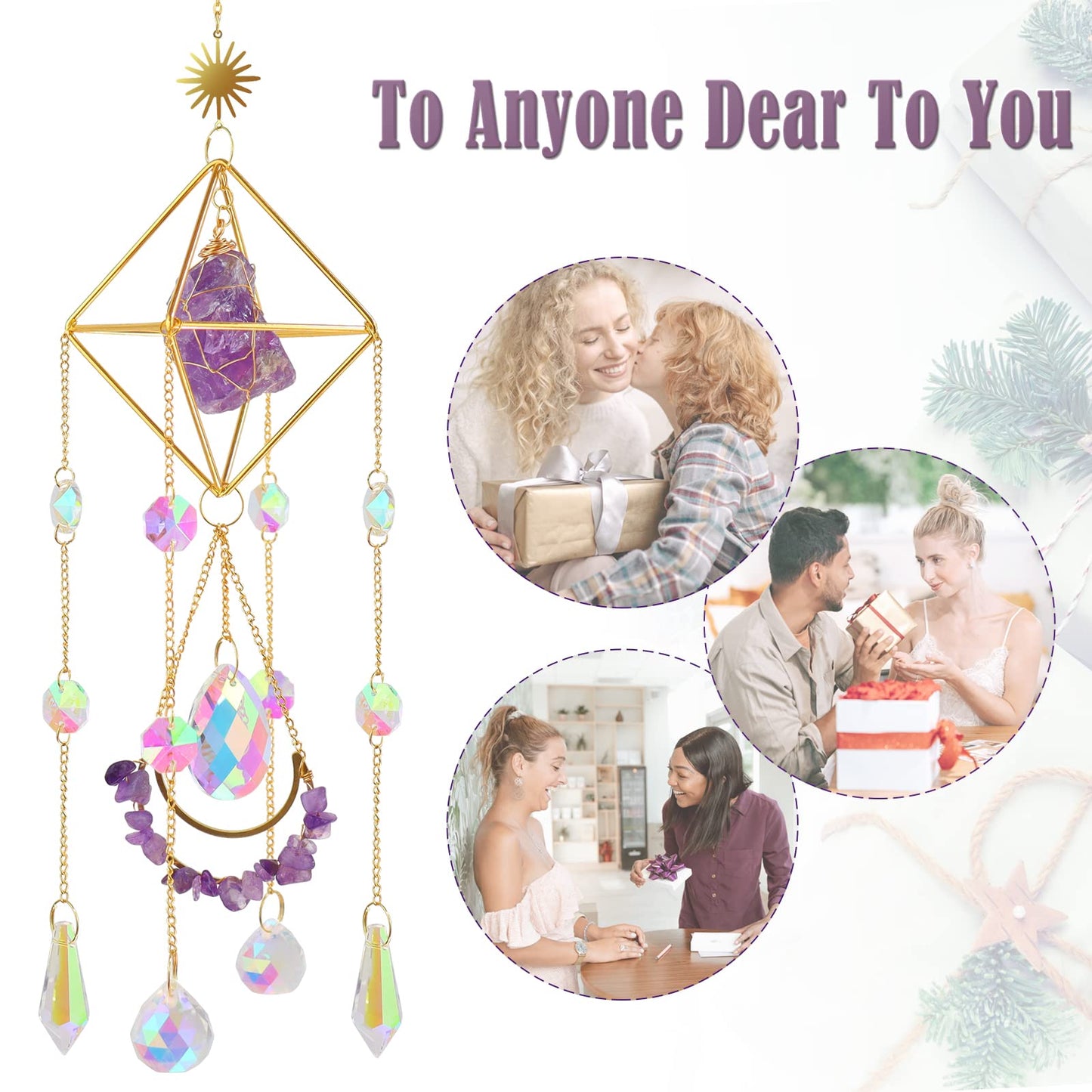 Amethyst Crystal Suncatcher - Hanging Gold Plated Garden Sun Catcher for Windows, Healing Amethyst Crystal Decor for Home, Gift for Christmas Birthday Valentine Mothers Day