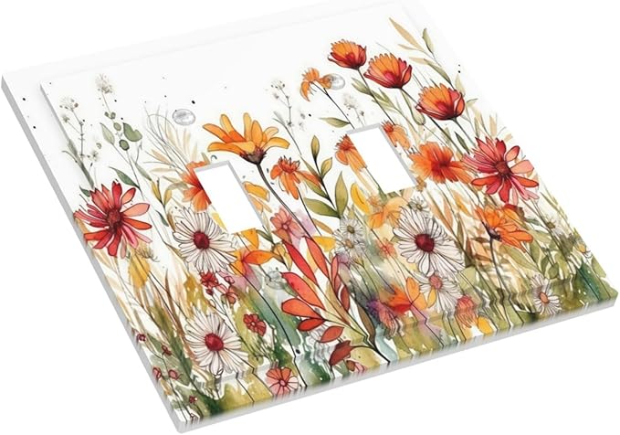 Watercolor Wild Flower Floral 2 Gang Light Switch Plate Cover Double Toggle Wall Plate Decorative Switchplate Electrical Faceplate for Nursery Bedroom Bathroom Decor
