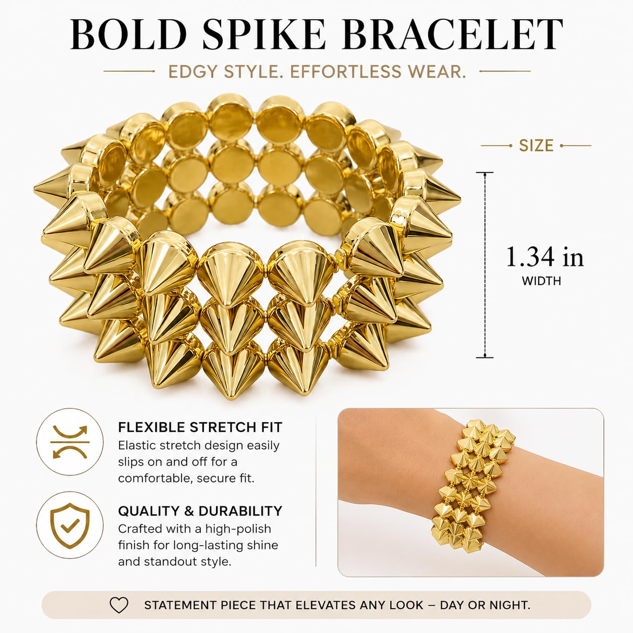 Embtrem Gold Studded Spike Bracelet for Women, Punk Bracelets Wide Stretch Cuff, Gothic Studded Bracelet, Y2K Statement Street Style Jewelry for Festival Party Outfit
