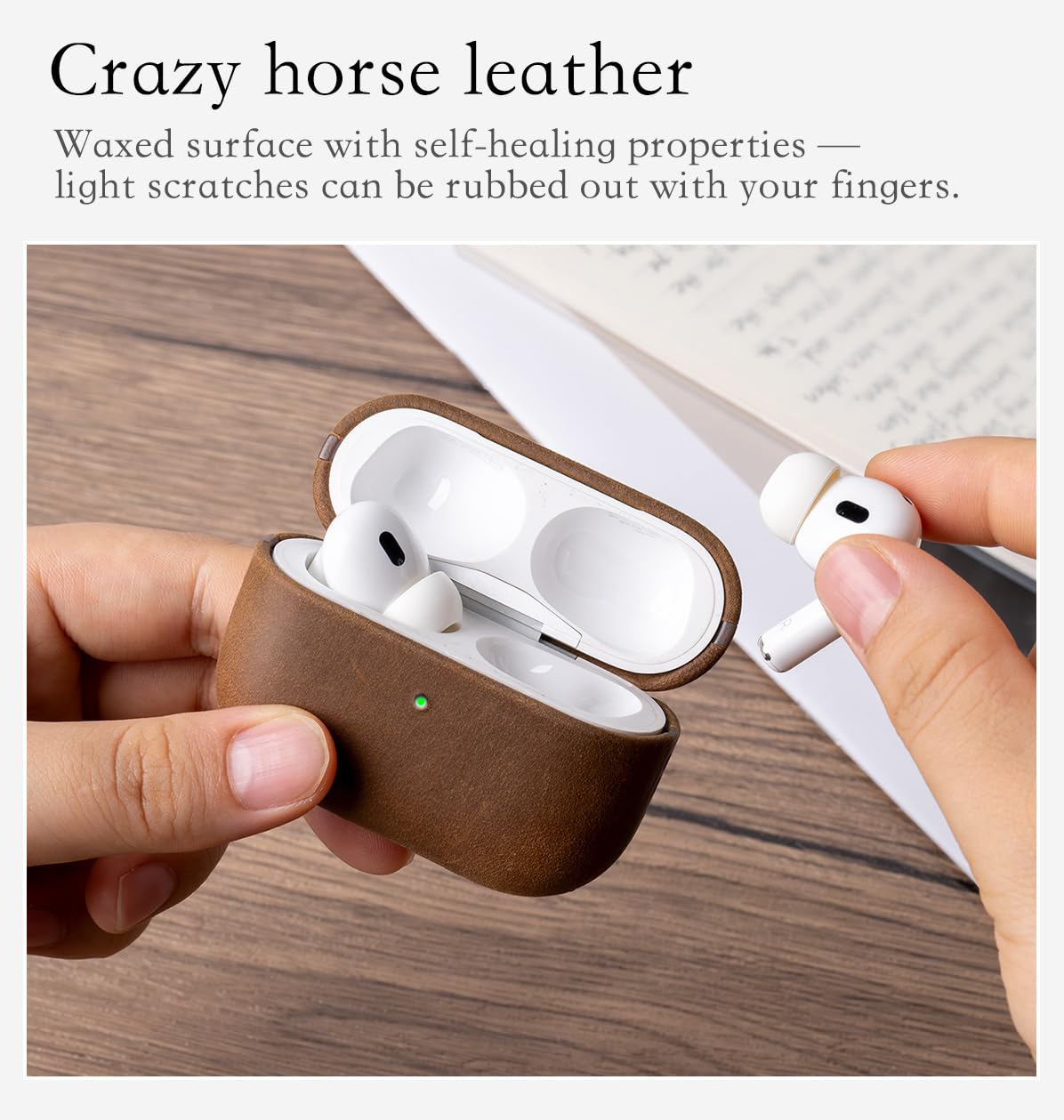 HanFab Artisan Hand-Wrapped Leather Case for AirPods Pro 2 | Crazy Horse Leather | MagSafe & Qi Compatible | Microfiber-Lined Scratch Protection | Hard Case for AirPods Pro 2nd Generation - Brown