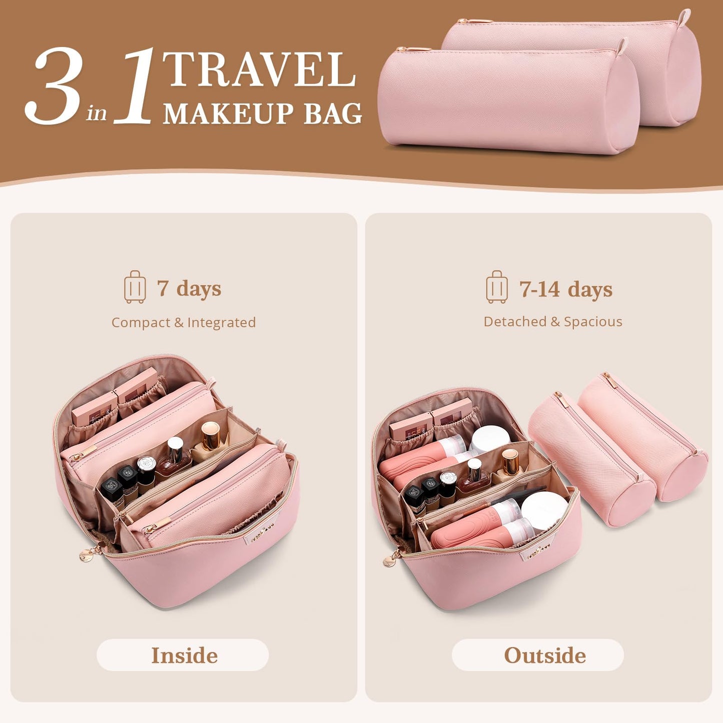MOT HINN Travel Makeup Bag for Women: 3-in-1 Large Capacity Cosmetics Organizer with 2 Detachable Pouch - Vegan Leather Flat Open Toiletry Bag - Portable Travel Essentials for Full-Sized Bottles(Pink)