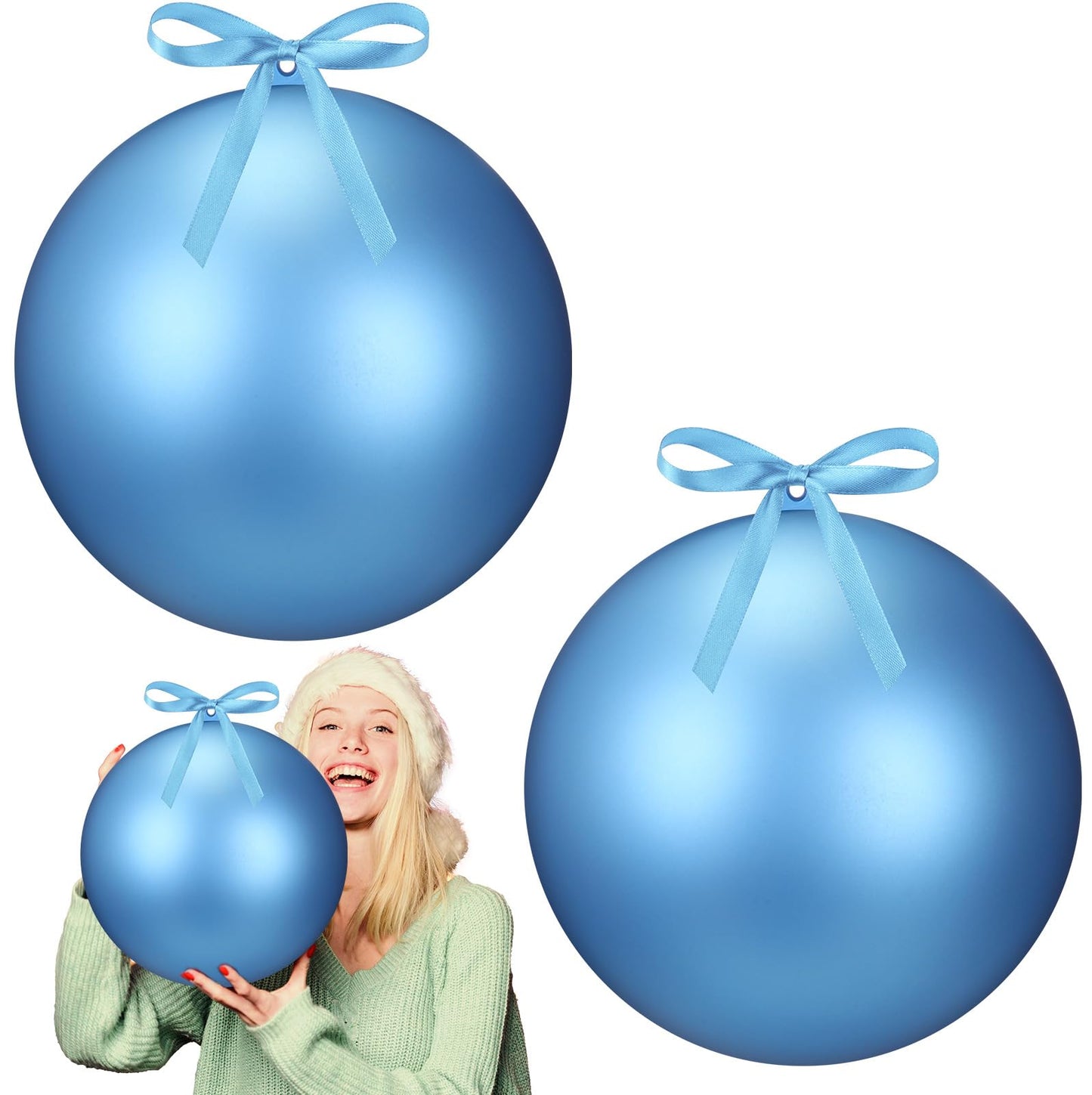 Zubebe 2 Pcs 8" Giant Fillable Christmas Ornaments with Ribbons Oversized Plastic Xmas Balls for Outdoor Lawn Yard Decor, Tree Hanging, Holiday Gifts(Matte Light Blue)