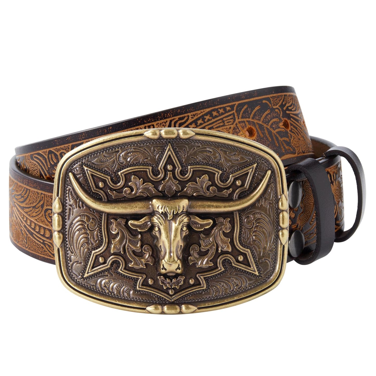 JIMJOY Men's Western Leather Belt Cowboy Belts for Men Big Engraved Buckle Belts