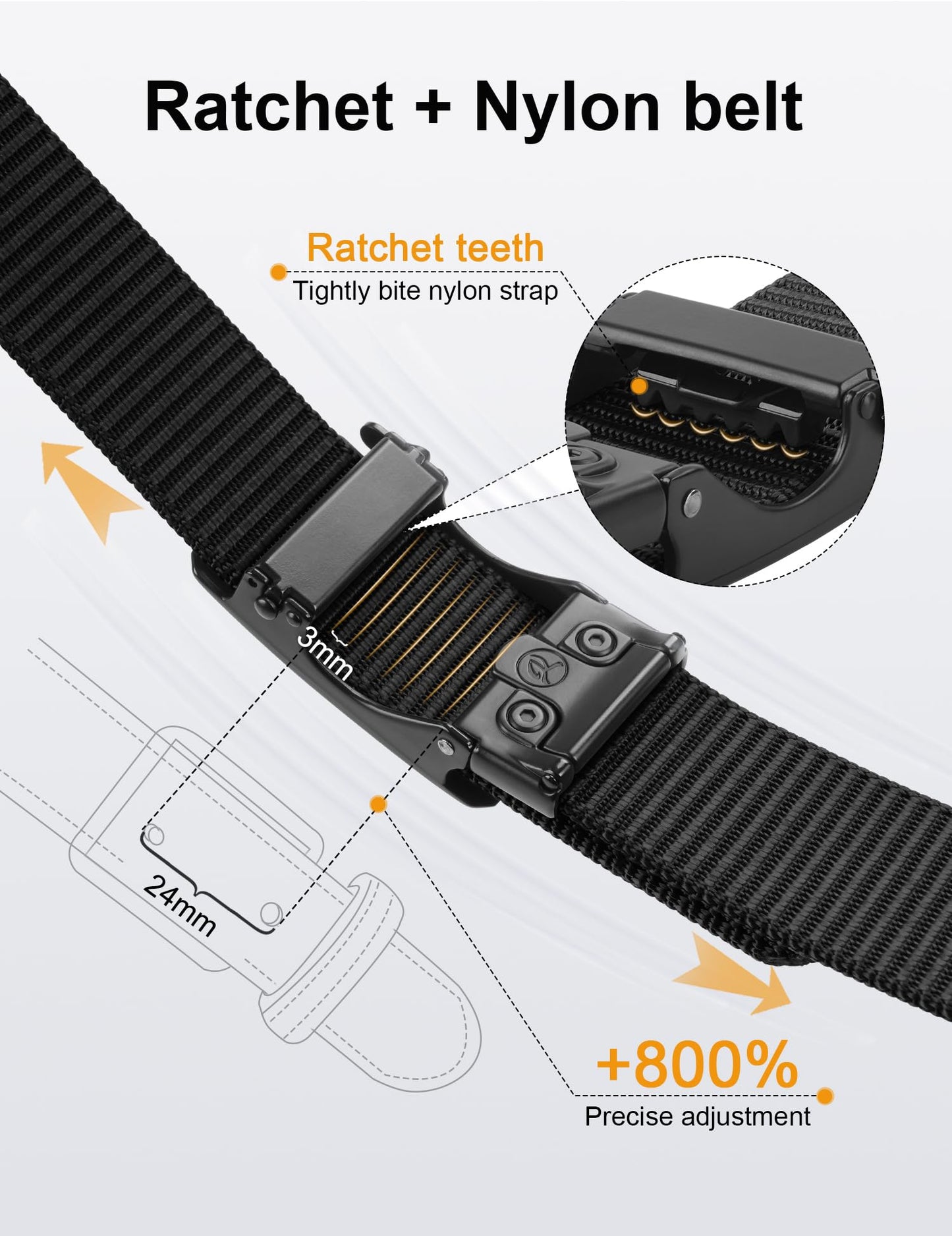 JUKMO Men's 1.5" Nylon Ratchet Belt, Casual Web Click Tactical Belt with Slide Buckle for Jeans, No Holes Adjustable Trim to Fit(Black,Medium)