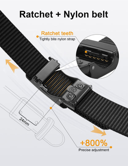 JUKMO Men's 1.5" Nylon Ratchet Belt, Casual Web Click Tactical Belt with Slide Buckle for Jeans, No Holes Adjustable Trim to Fit(Black,Medium)