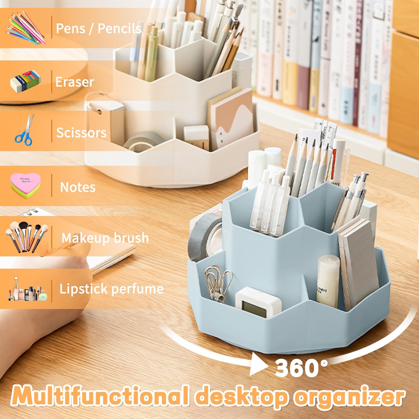 Cayxenful Pencil Pen Holder for Desk,9 Slots 360 Degree Rotating Desk Organizers,Desktop Storage Stationery Supplies Organizer, Cute Pencil Cup Pot For Office, School, Home(Blue)