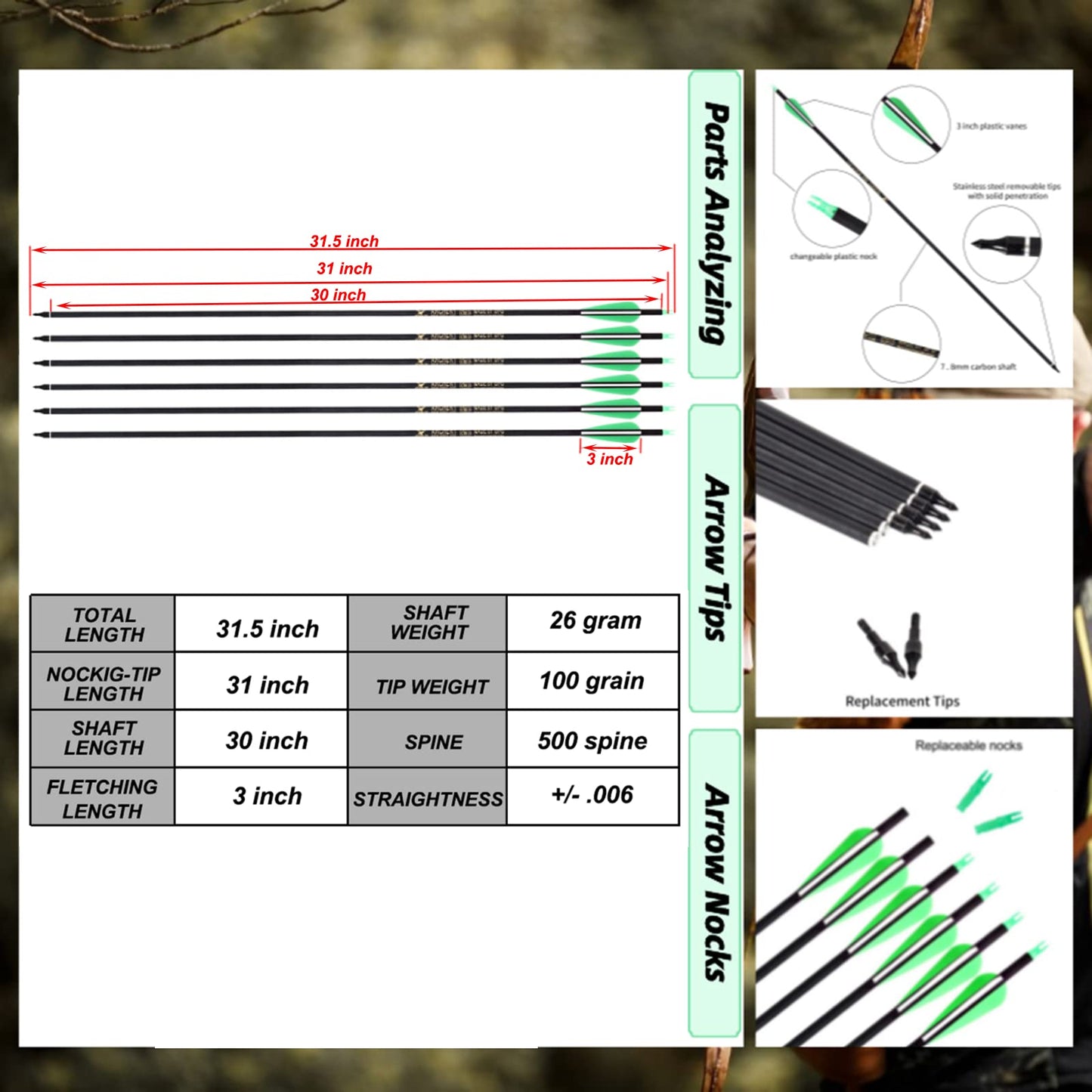 SOPOGER Archery Arrows for Compound Bow and Arrow Quiver Holder Tube, 31 Inch Arrows Practice Arrows for Recurve Bow 12 Packs, 500 Spine Hunting Arrows Carbon Fiber Target Arrow Accessories (Green)