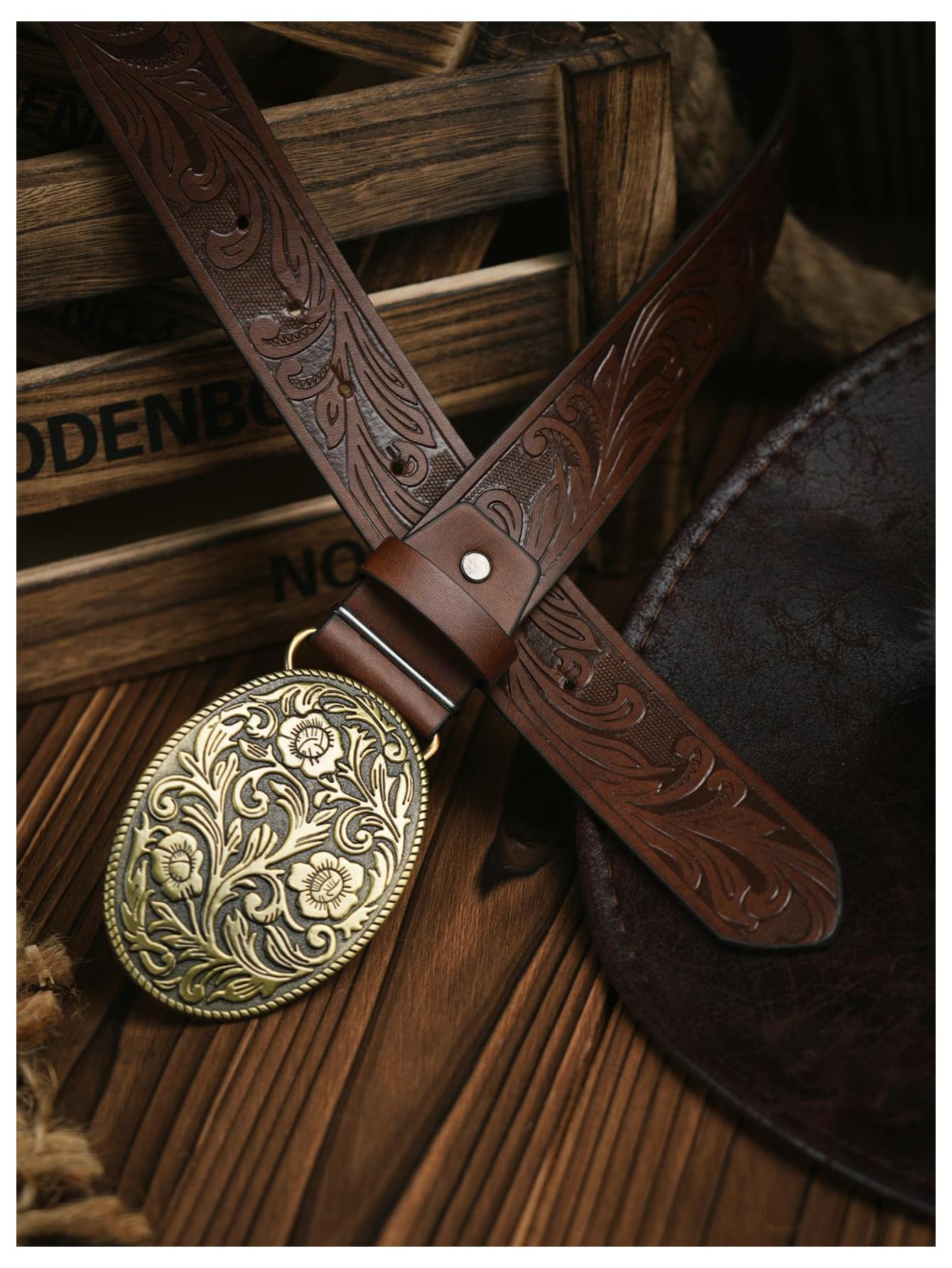 GORGLITTER Women's Cowboy Belts Floral Country Belts Leather Waist Belt for Jeans Pants Coffee Brown suit waist size:33.5-37.4"