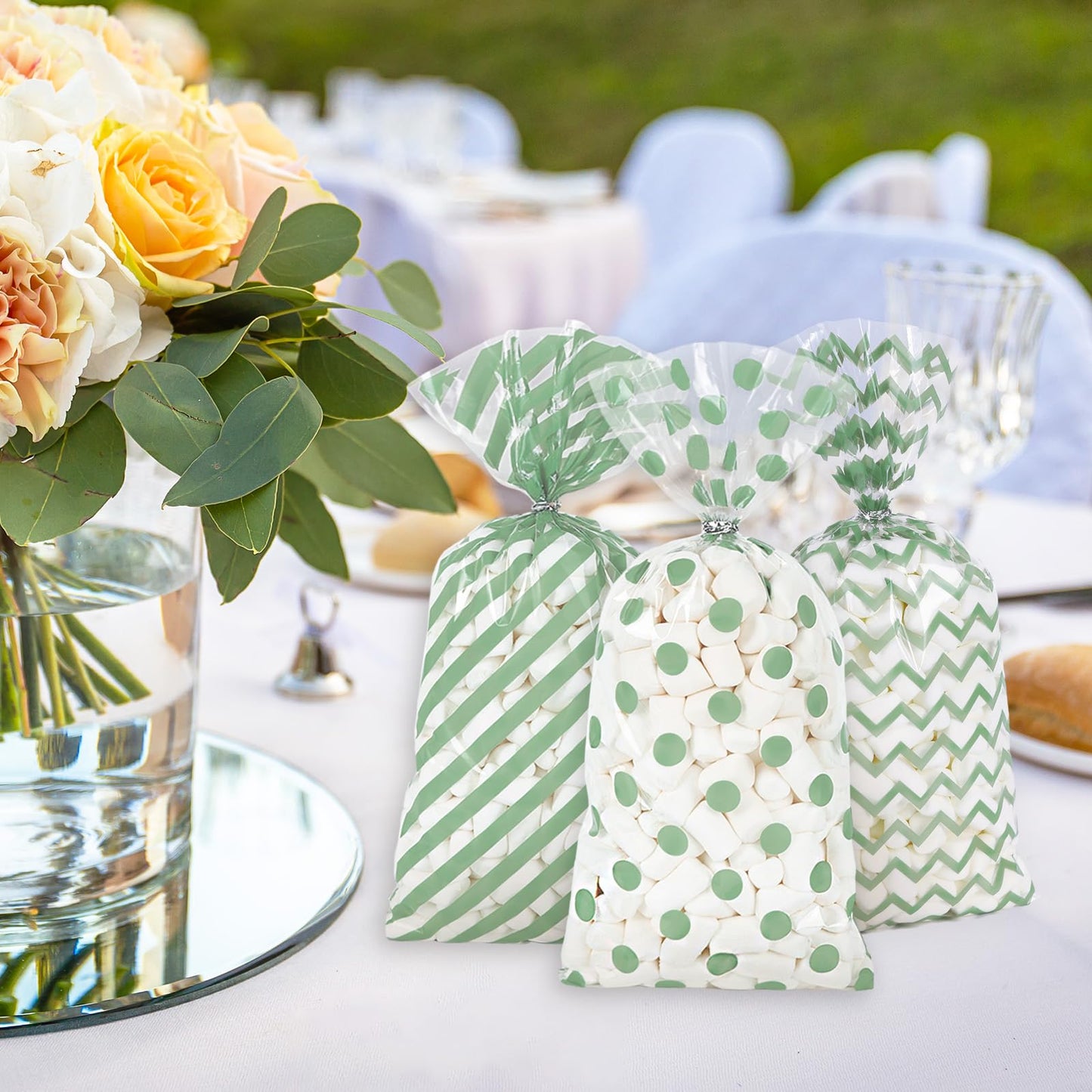 Whaline 160 Pcs Sage Green Cellophane Treat Bags Stripe Wave Dot Plastic Gift Bags Candy Goodie Bag with Twist Ties for Wedding Baby Shower Birthday Party Cookie Snack Packing Supplies, 5.1 x 10.6 Inch
