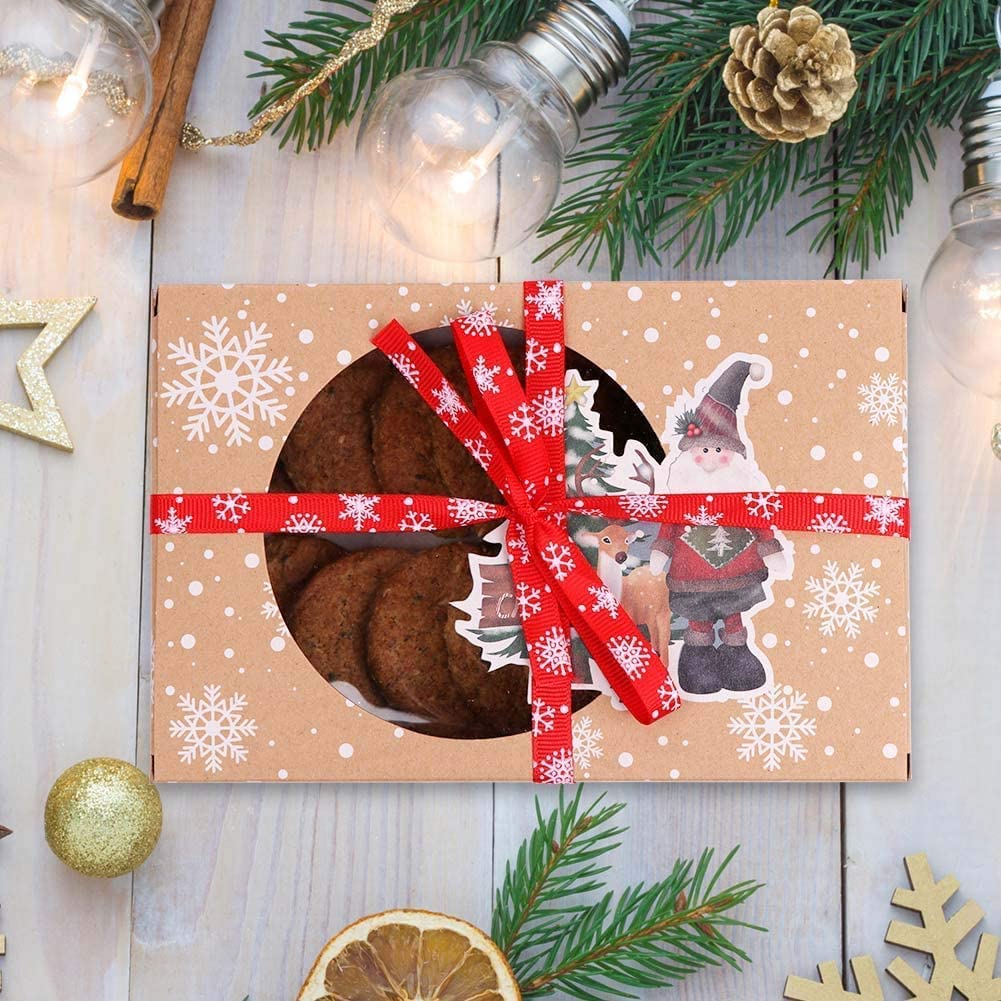 OurWarm 12 Pack Christmas Cookie Boxes for Gift Giving, Large Christmas Cookie Tins Holiday Bakery Treat Boxes with Window, Kraft Paper Food Packaging Containers for Xmas Party Supplies