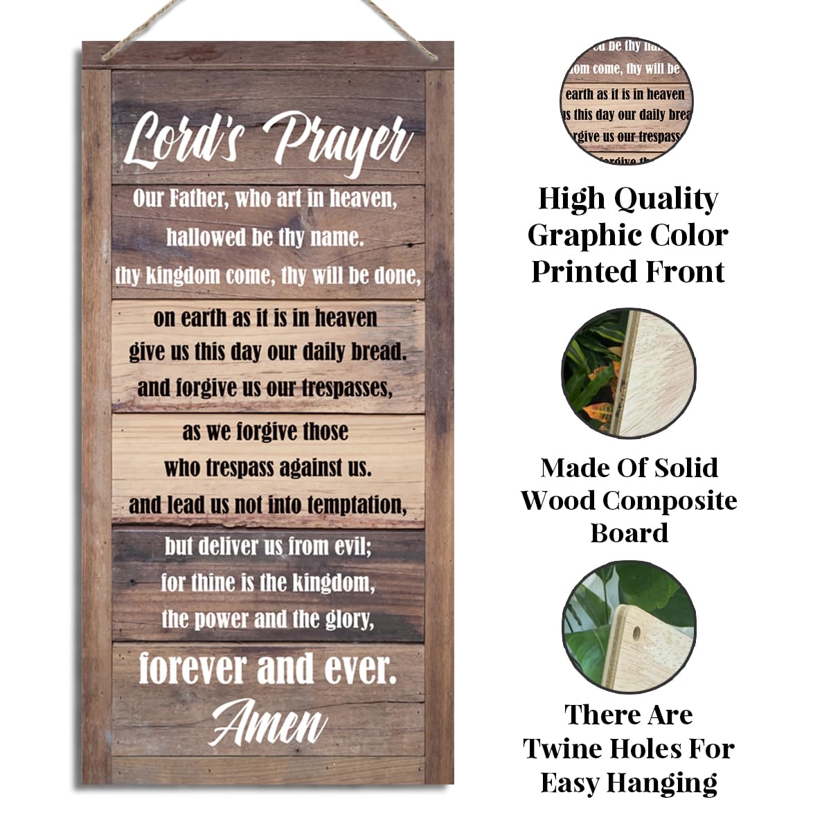 Lord's Prayer Hanging Sign - Christian Decor Wall Plaque, Rustic Door Sign With Hanging Rope, Religious Artwork, Farmhouse Door Hanger, Home Wall Decor, Gift, Brown