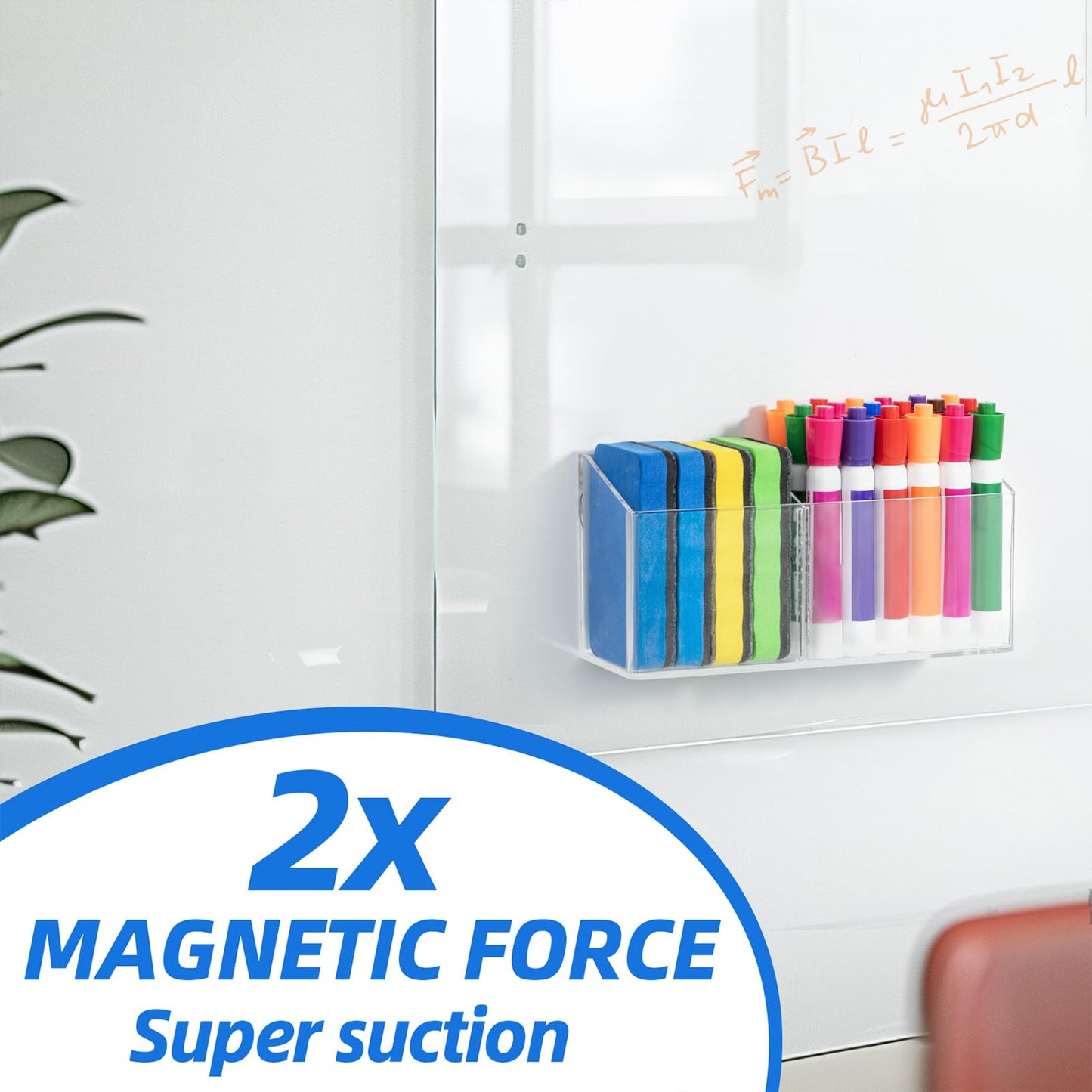 Simetufy Large Magnetic Dry Erase Marker Holder, Magnetic Pen Holder, Whiteboard Marker Holder with Movable Divider for Glass, Fridge & Locker, Non-slip Acrylic Magnetic Marker Holder