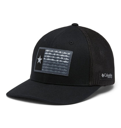 Columbia PFG Flag Mesh Ball Cap-High Crown, Black/Black/Texas Fish, Large/X-Large