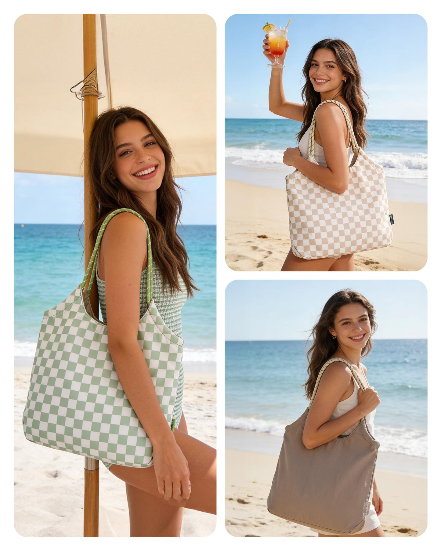 BAGSMART Beach Bags for Women, Beach Tote Bag Beach Bag with Zipper Waterproof Sandproof Swim Pool Bag for Beach, Travel, Gym (Beige)