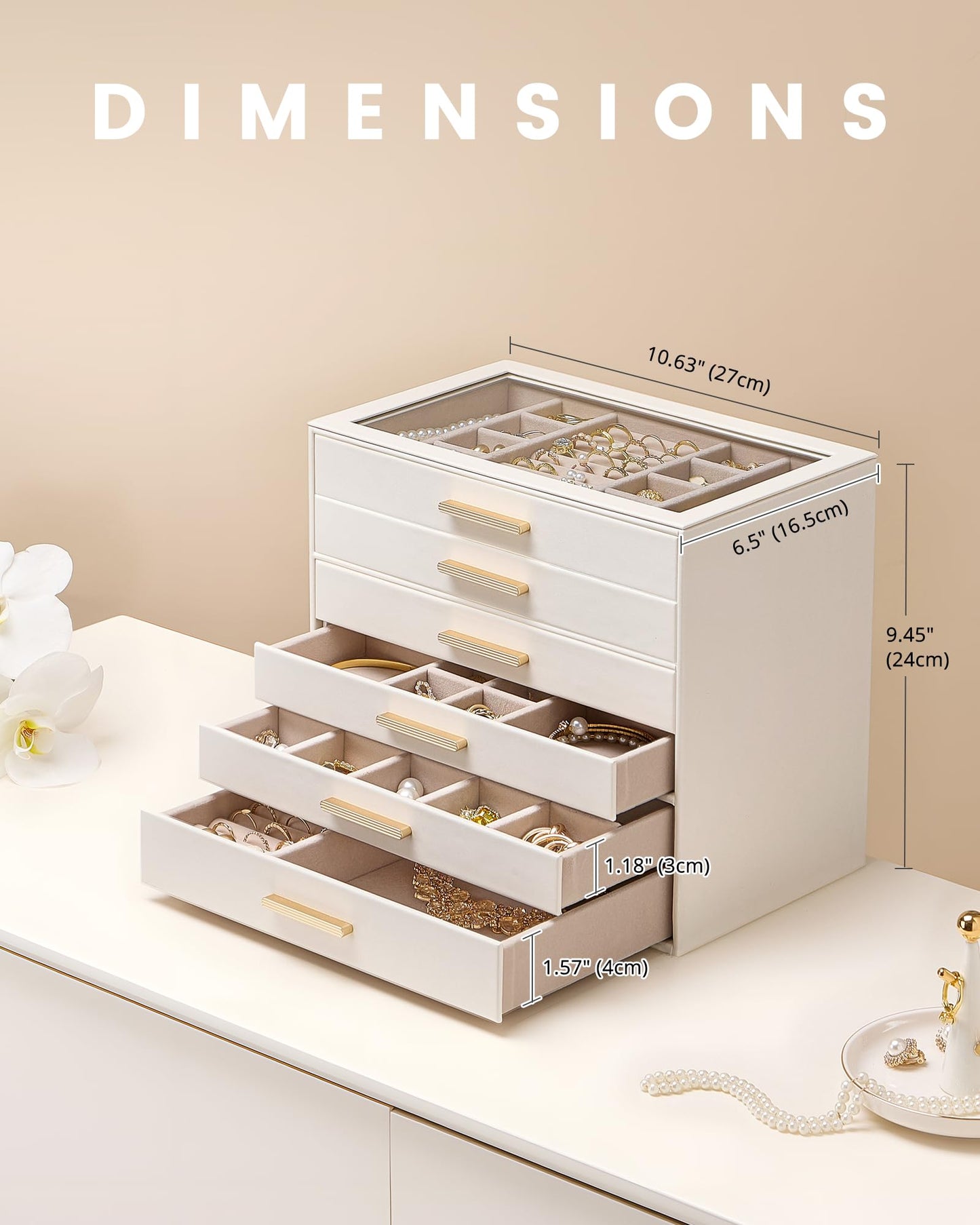 Lolalet Jewelry Box Organizer, 6-Layer Jewelry Organizers and Storage Case with Glass Lid, Ring Earring Bracelet Necklace Holder Organizer, Birthday Valentine Gifts for Women Girls -6Layer, Beige