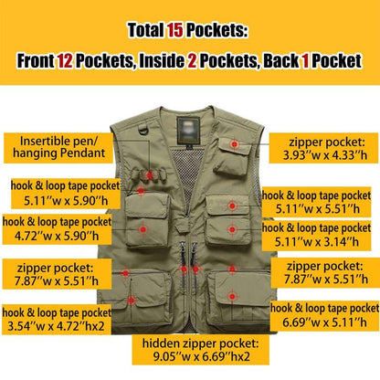 Flygo Men's Casual Lightweight Outdoor Fishing Work Safari Travel Photo Cargo Vest Jacket Multi Pockets(Large, Army Green)