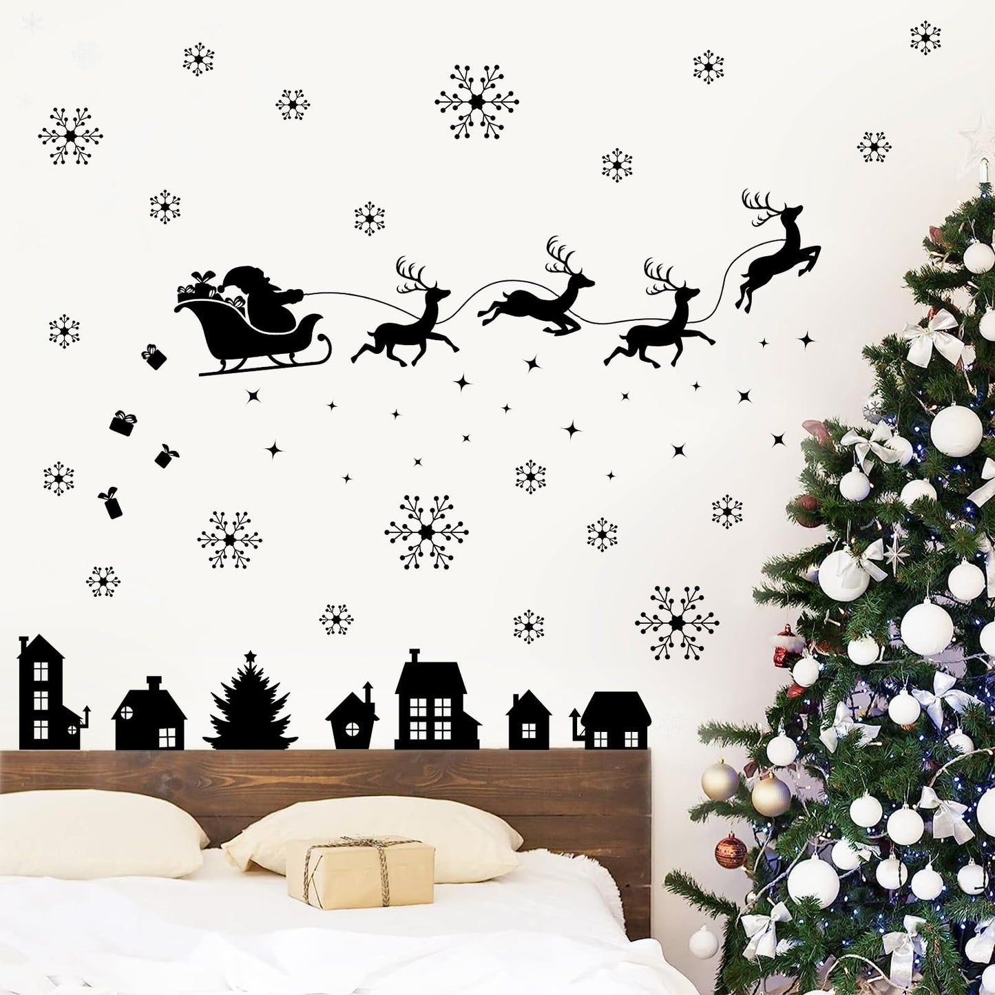 Merry Christmas Wall Decal Black Santa Reindeer Snowflake Window Clings Wall Stickers Removable Xmas Vinyl Wall Decor for Holiday Party Bedroom Office Living Room Home Decoration