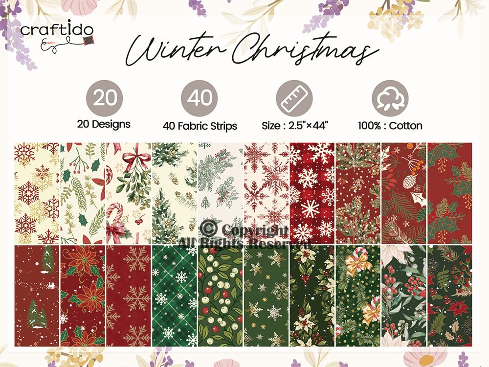 Craftido-20 Options-100% Cotton Jelly Roll Fabric Precut Strips for Quilting, Crafting, and Sewing, 40 Strips 2.5" x 44" Assorted Bundles for Rugs, Quilts, DIY Crafts and Home Decor-Winter Christmas