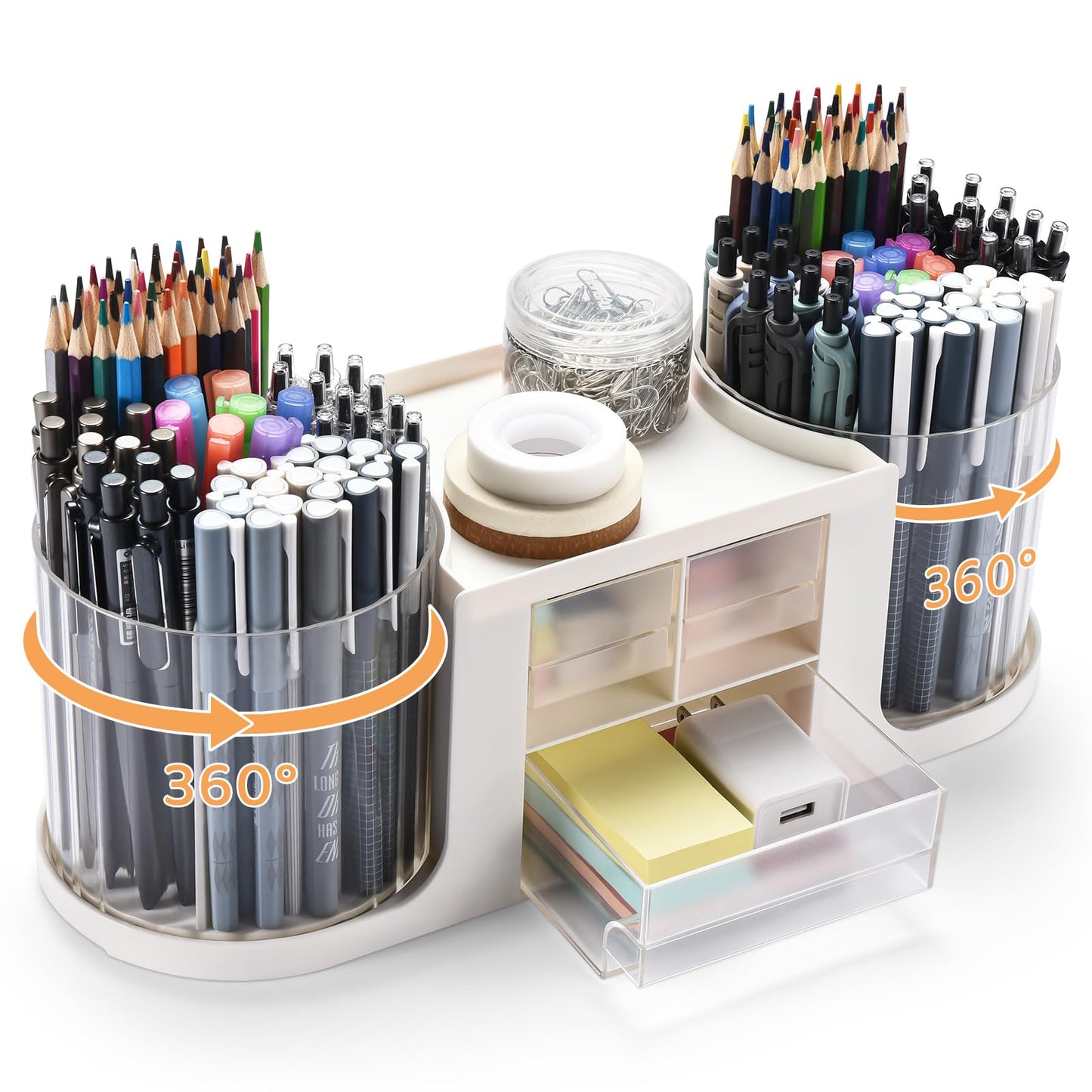 KLIONGO Rotating Desk Organizer with 2 Pen Holder, Desk Organizers and Accessories with 10 Slots Pencil Holder for Desk + 3 Drawer, Art Supply Storage Box Caddy for Office School Home (White)