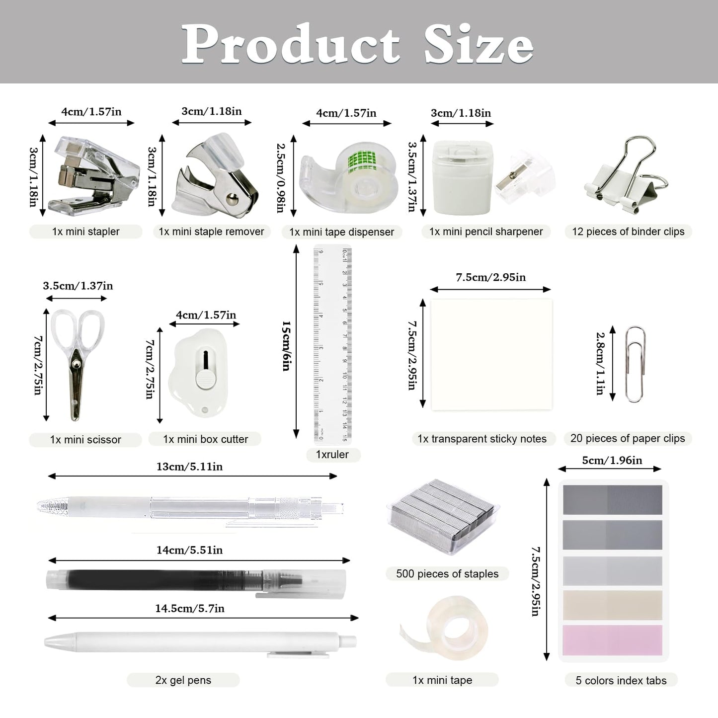 Mini Office Supply Kit, Mini Stapler with Staples and Tape Dispenser Set, Mini Stationary Kit Includes Sticky Notes Index Tabs Gel Pens for Office & School (Transparent)