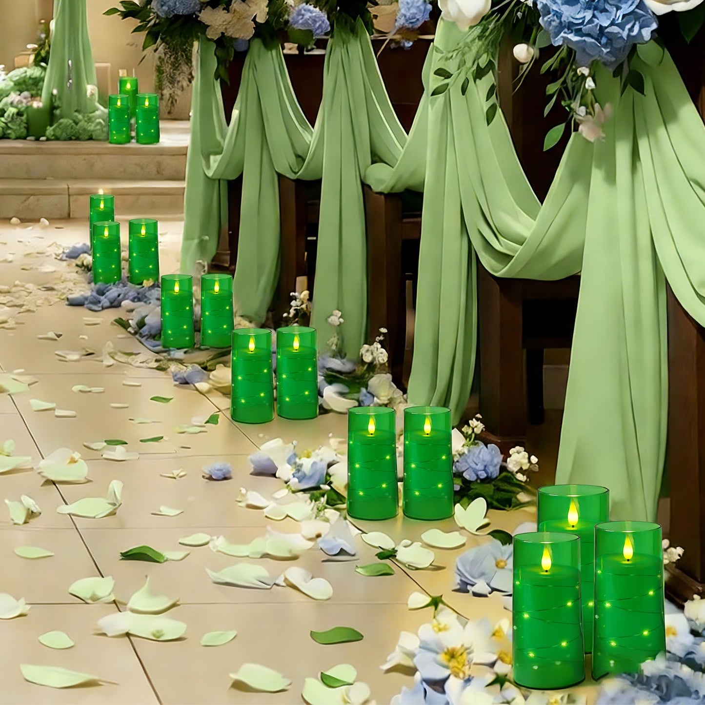 Homemory St. Patrick's Day Flameless Candles with Embedded Star String Fairy Lights, Green Battery Operated Candles, LED Candle, Fake Candles with Remote Control and Timer, Set of 2(H 6" 6")