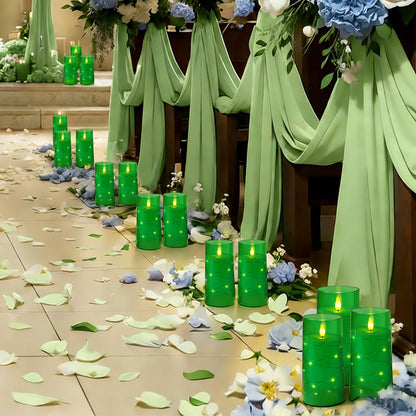 Homemory St. Patrick's Day Flameless Candles with Embedded Star String Fairy Lights, Green Battery Operated Candles, LED Candle, Fake Candles with Remote Control and Timer, Set of 2(H 6" 6")