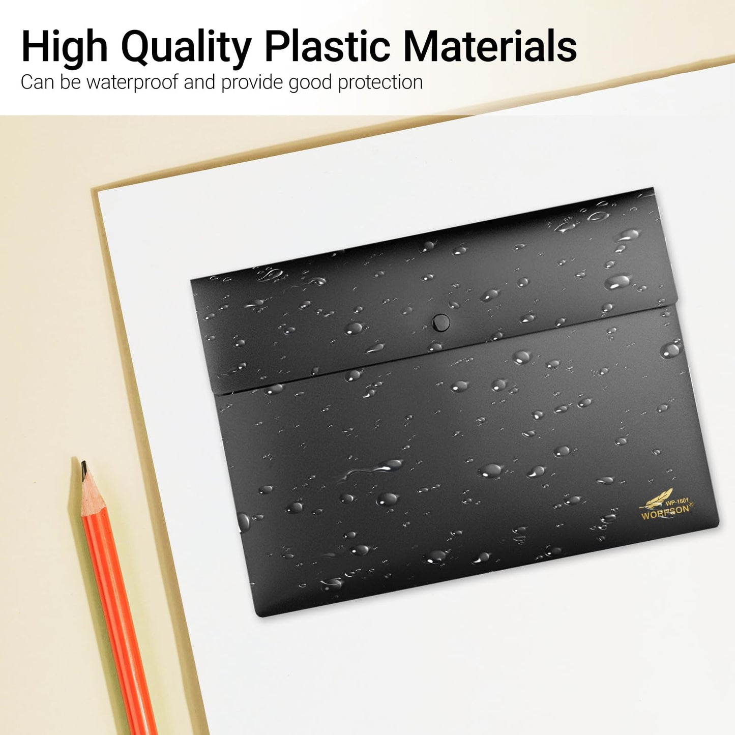 WORPSON Plastic Envelopes Folders 12mil Heavy Duty, for A4 Letter Size Paper, with Snap Closure Pack, Paperwork Plastic Wallets Document Organizer (25 Pack - Black, Horizontal)