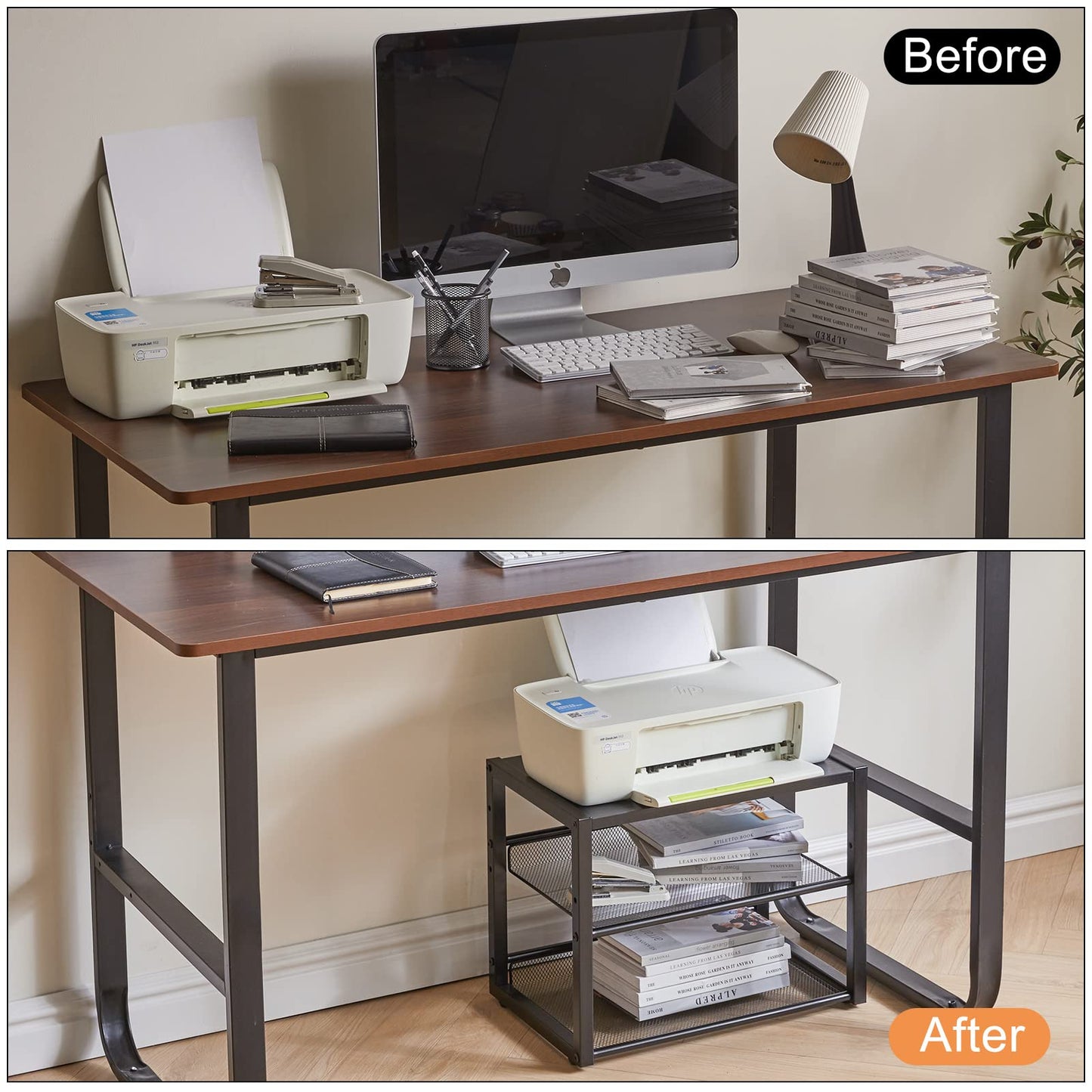 YMYNY Desktop Printer Stand, 3 Tiers Desk Organizer with Adjustable Storage Shelves, Multi-Purpose Printer Shelf for Home Office, Fax Machine, Scanner, Files, Books, Black, UHPT001B