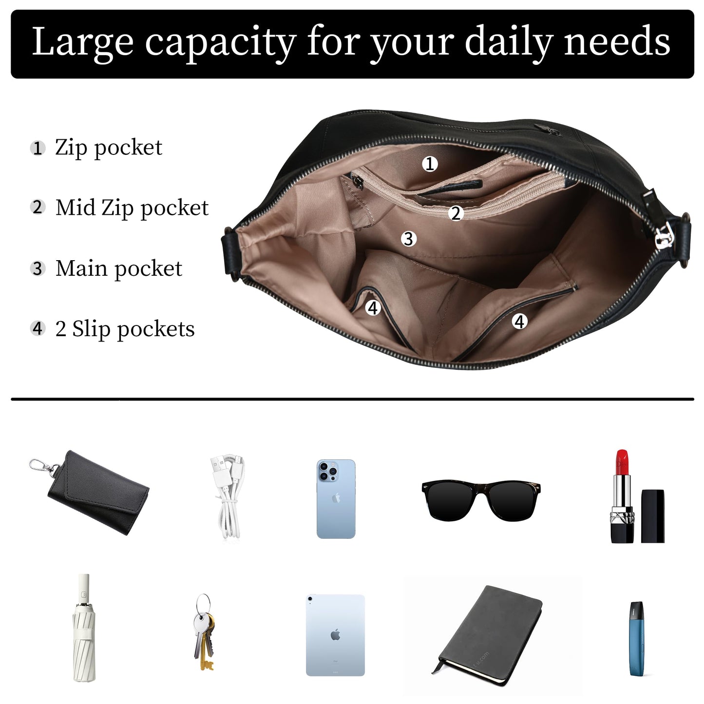 Iswee Genuine Leather Hobo Bags for Women Handbags Real Leather Purses Tote Black Slouchy Shoulder Purse Satchel Large Cross Body Bag (Black)