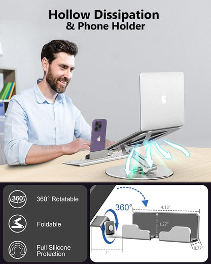 LOXP Laptop Stand with Phone Holder, Adjustable Laptop Stand with 360 Rotating Base, Aluminum Computer Mount Holder, Ergonomics Laptop Riser for Desk, Fits MacBook, up to 17.3" All Notebooks Silver