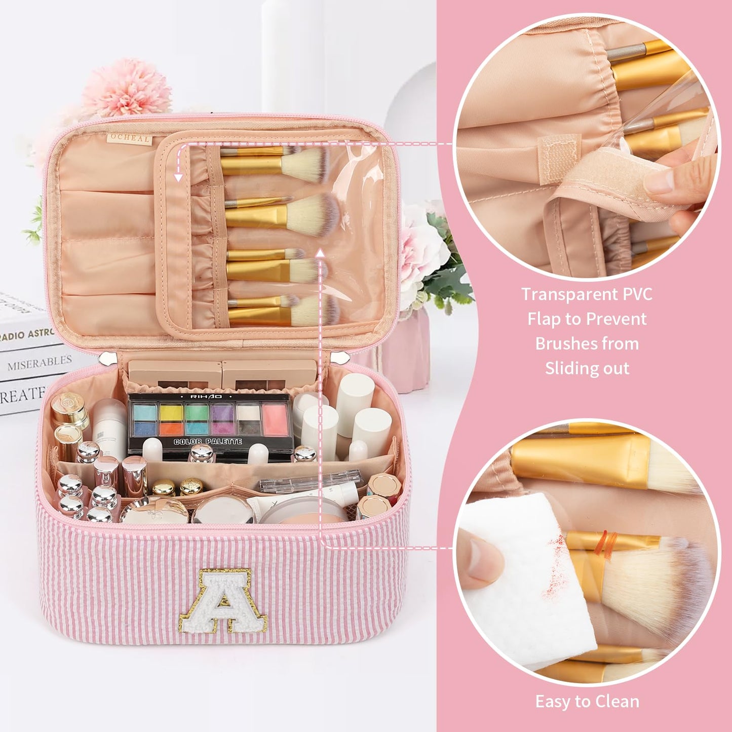 OCHEAL Makeup Bag for Women, Monogram Cosmetic Bag Pink Travel Makeup Case Beauty Toiletry Bag Organizer Personalized Gifts for Girls Bridesmaid, Sister, Wife, Friends Initial A