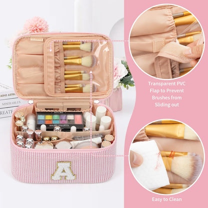 OCHEAL Makeup Bag for Women, Monogram Cosmetic Bag Pink Travel Makeup Case Beauty Toiletry Bag Organizer Personalized Gifts for Girls Bridesmaid, Sister, Wife, Friends Initial A