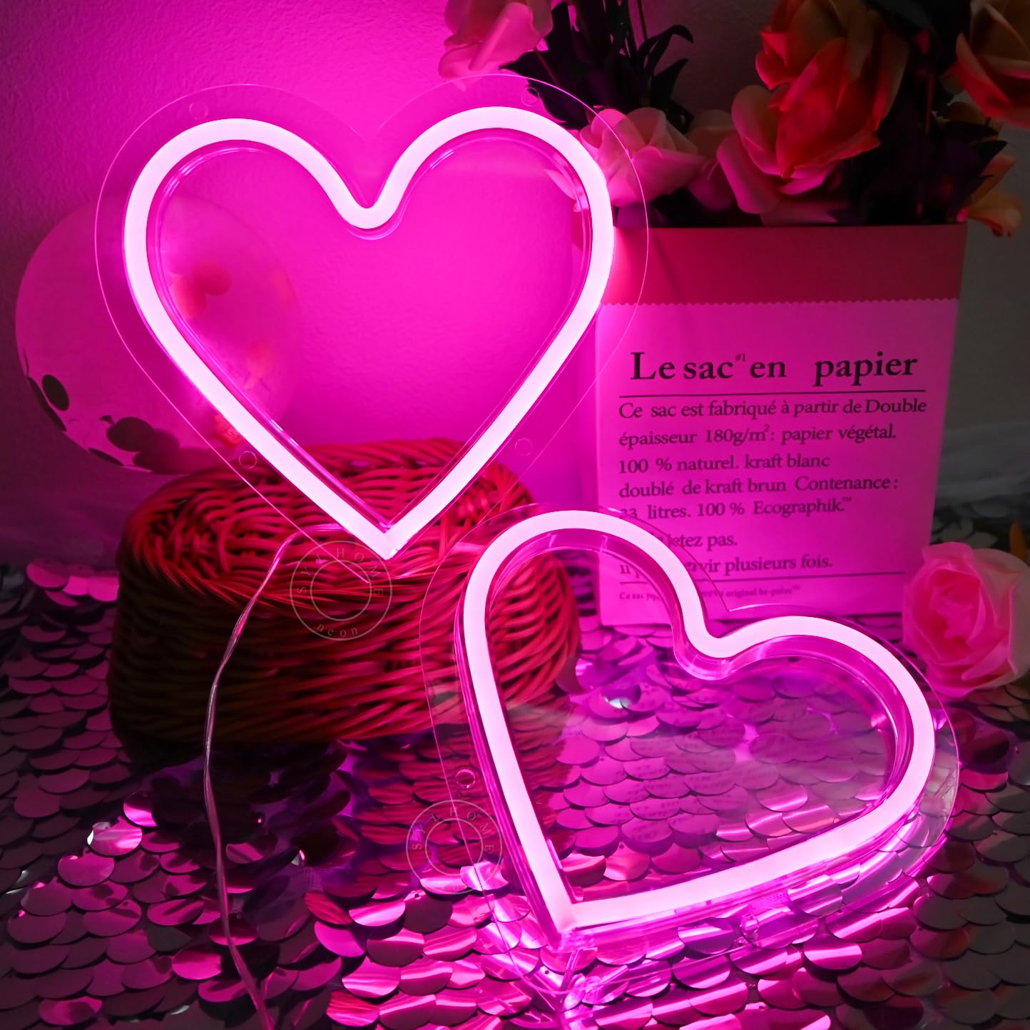 SYLHOME 2 Pack Heart Pink Led Neon Light Sign Battery Operated or USB Powered Bedroom Wedding Wall Sign Decor Valentines Day Birthday Christmas Gifts USB 7.87" X 7.28"