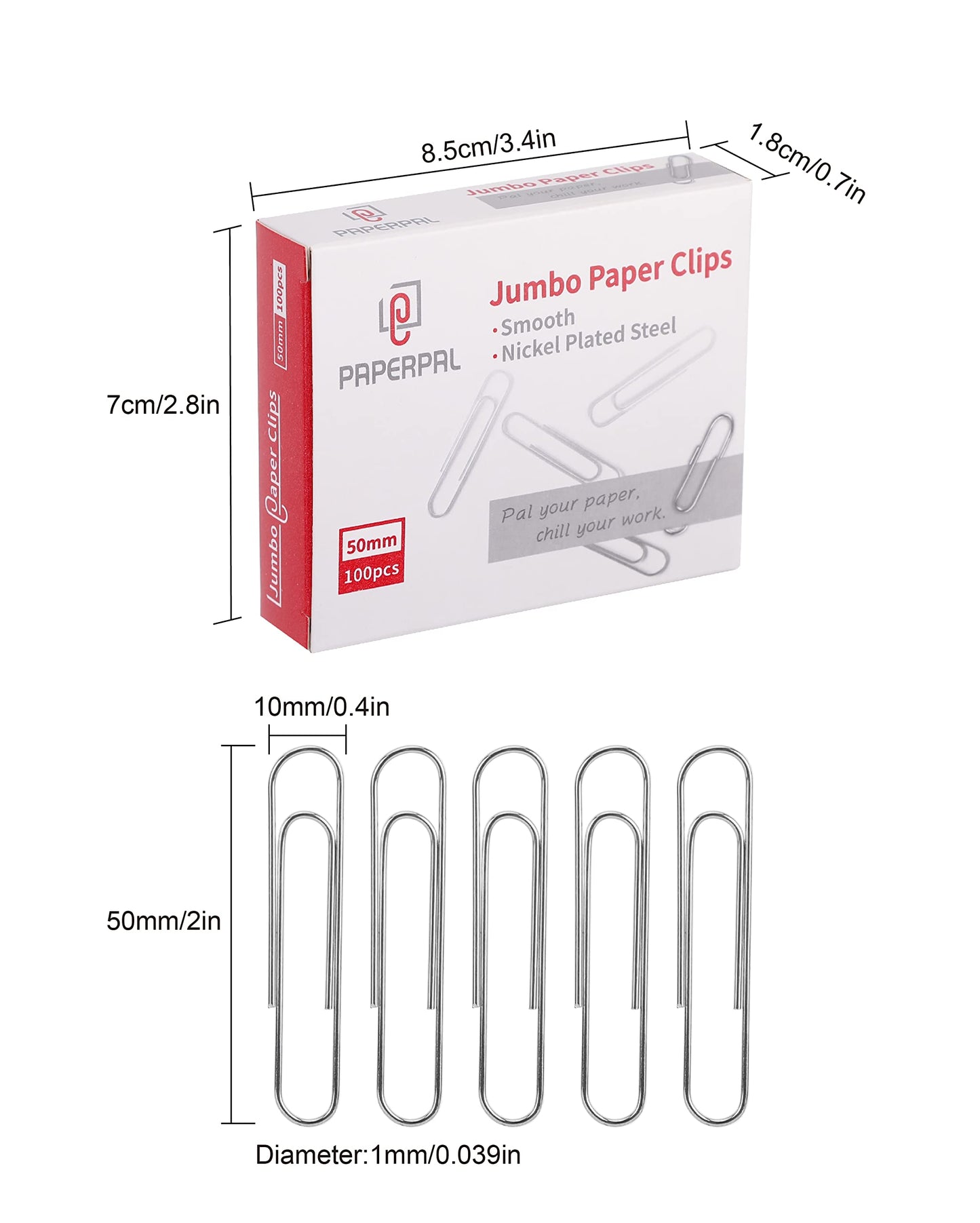 PAPERPAL Paperclips for Office School & Personal Use, Jumbo Smooth Paper Clip (2"), 300 Large Paper Clips (3 Boxes of 100 Each), Silver