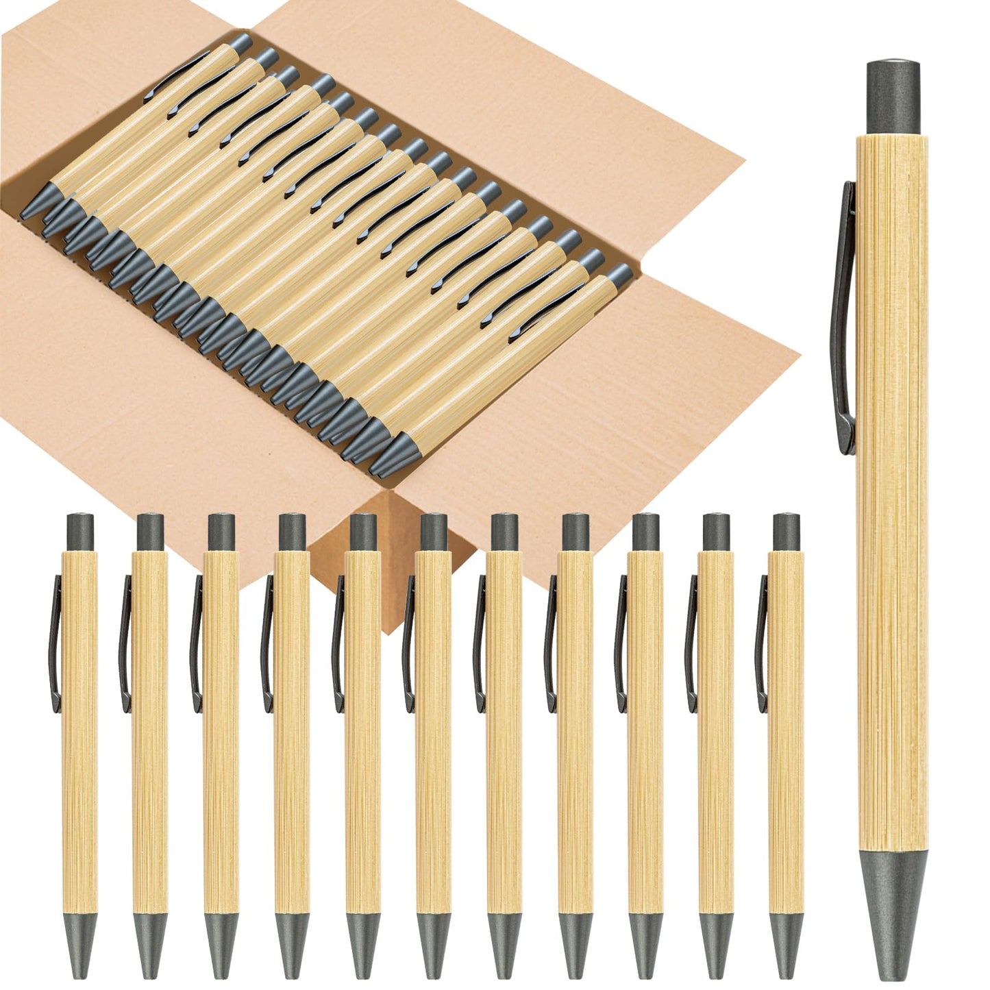 lyforx 200 Pack Bamboo Pens Bulk Wooden Bamboo Pens Engraving Wooden Ballpoint Pen Customizable Gift Pen Bulk Black