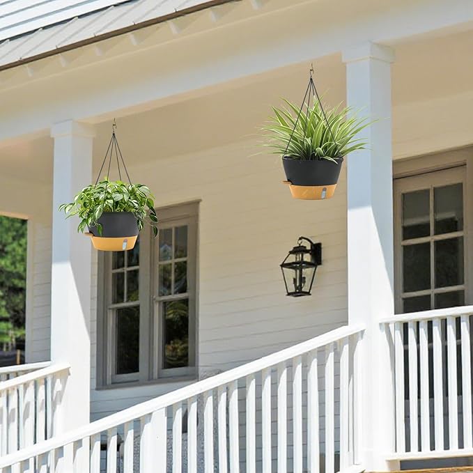 ZMTECH 12 Inch Large Hanging Planters for Outdoor Plants, 2 Pack Self Watering Hanging Planter with Visual Reservoir, Hanging Baskets for Plants Indoor with Drainage Hole and Plant Hanger(Gray)