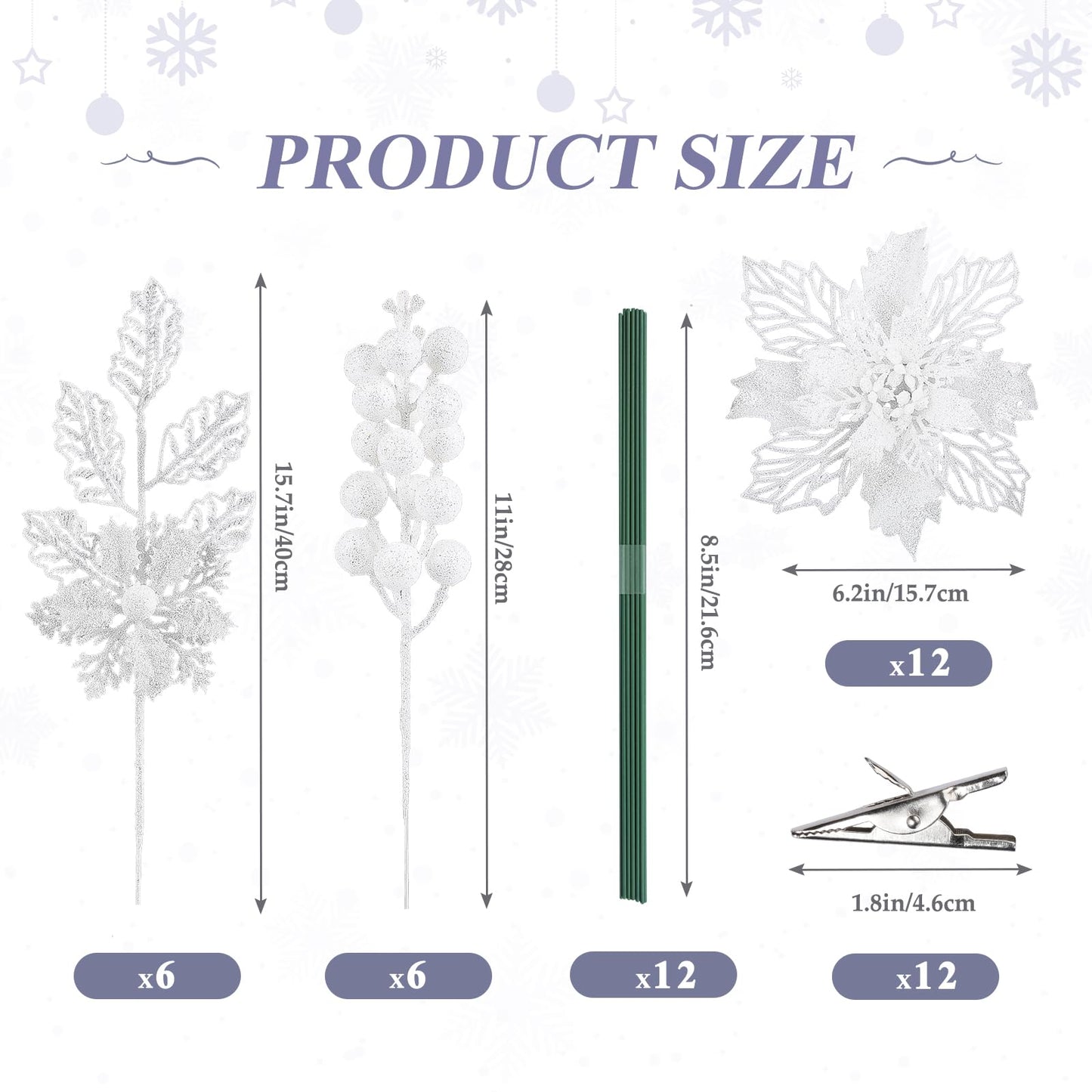 Alupssuc 24 PCS Christmas Tree Decorations, 12 PCS Poinsettia Flowers Artificial+6 PCS Glitter Holly Berry Stems+6 Berry Leaves Christmas Tree Picks for Party Wreath Fireplace, White