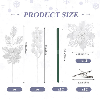 Alupssuc 24 Pcs Artificial Glitter Christmas Tree Picks, Boxed 12 Poinsettia Flowers+ 6 Berry Stems+ 6 Flowers Berry Leaves Decorations Set, Indoor Outdoor Holiday Ornaments Decor, White