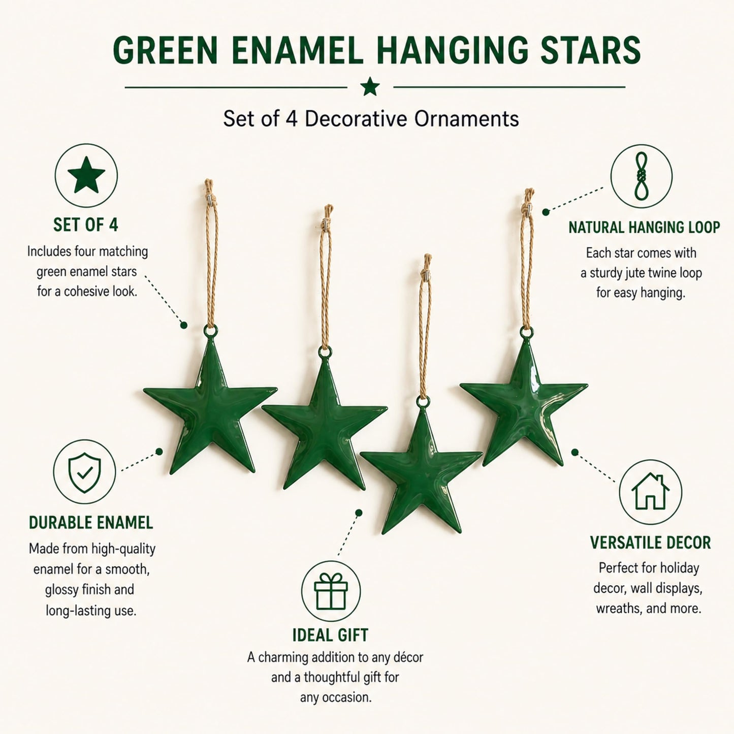 Green Star Hanging Ornaments Set of 4 – Rustic Farmhouse Decor, Christmas Tree Ornaments, Wall & Door Hanging Stars for Home, Holiday, Winter & Festive Decorations