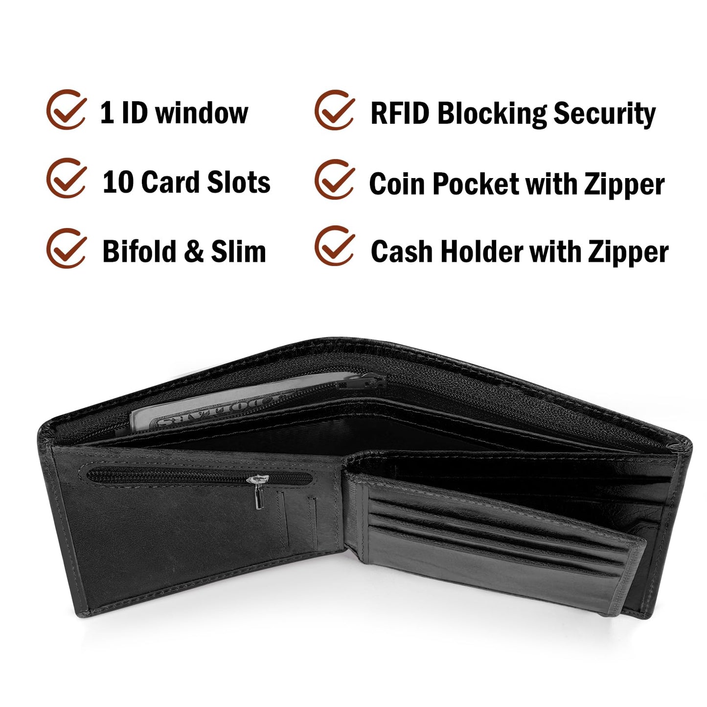 LYOOMALL Wallet for Men, Large Capacity Genuine Leather RFID Blocking Bifold Wallet/Credit Card Holder for Men, with Coin Pocket, Zipper Cash Pocket, ID Window and 10 Card Slots (Black)