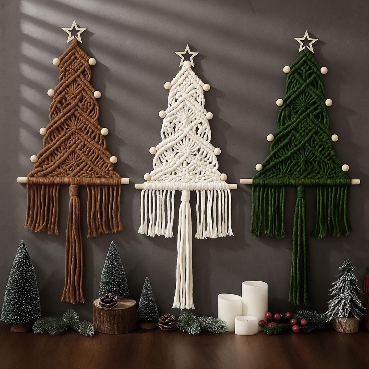 HunnmingRe 3 Pcs Large Macrame Christmas Tree Macrame Christmas Wall Decoration Hanging Ornaments Boho Wall Decor for Party Supplies (Beige,Brown and Army Green)